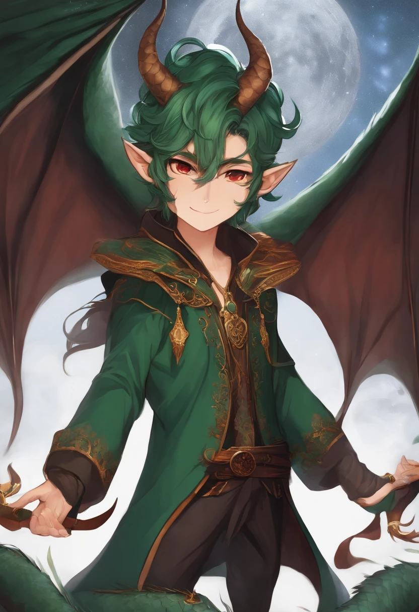 fine, (Best Illustration), in 8k resolution, intriciate detail, Best Quality, realisitic, The ultra-detailliert, Best lighting, best shadows, ultra-HD, ((((handsome young man))), ((teenage :1.5)), (glowing red eyes), (luminous eyes), ((((Long black hair: 1.1))), ((dark green clothing)), (Prince (Indifferent expressions), , (((Dressed in a luxurious green robe with high details,))),, Starry night sky, Falling meteors, elf ears, ((Fair skin)), It has dragon horns on its forehead, It is surrounded by giant dragons