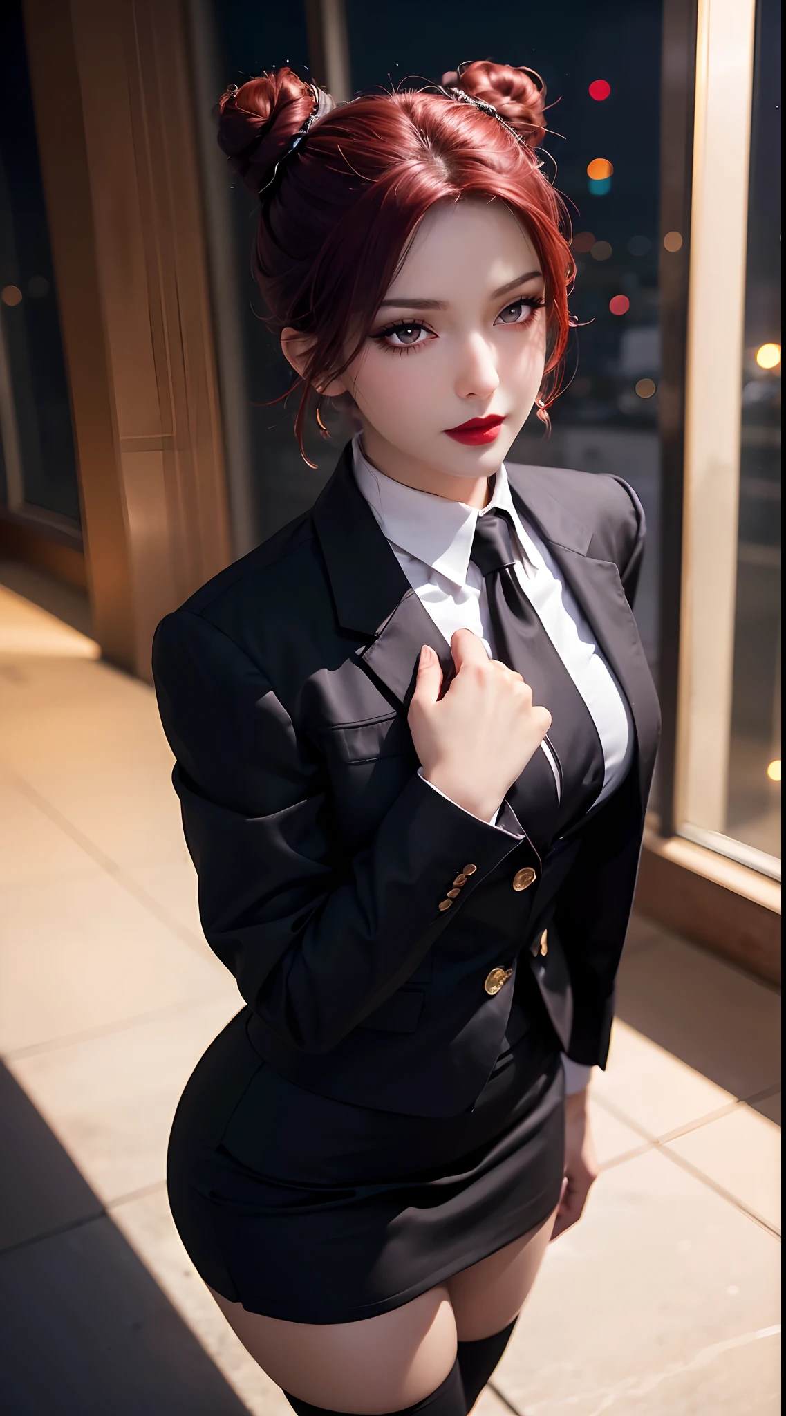 (masterpiece), (best quality), (perfect face), extremely detailed skin pores, (detailed skin:1.2), artstation, night, office, night sky,
cool girl, dark business jacket, dark business skirt, thighhighs, black short hair, straight face, light smile, standing, portrait,,short hair,hair bun,red hair