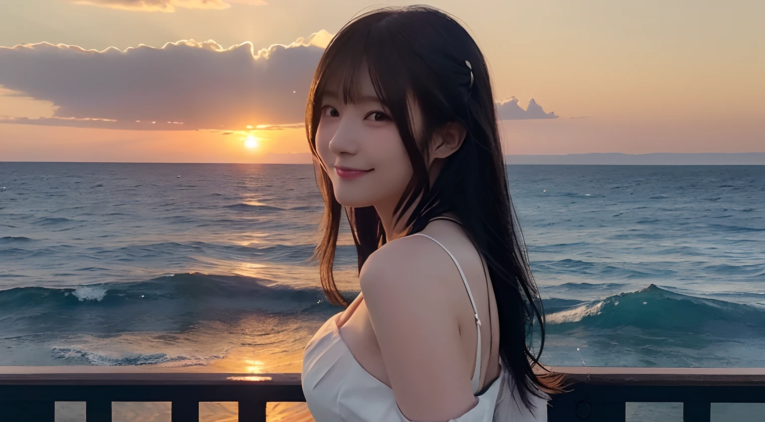 (top-quality,8K,masterpiece:1.3),(超A high resolution,Photorealsitic:1.4,RAW shooting),(ultra-detailliert,Caustics,perfect anatomia),(hyper detailed background,Ultra-realistic capture,beautifully detailed eyes),(Stand on the pier above the sea:1.1),turned around,Picture of the back view,Looking at the camera,1人,japanes,20yr old,kawaii,Medium-sized breasts,a smile,pretty black hair,(Long hair fluttering in the wind:1.3),White Dress,BREAK,Horizon,beautiful ocean,Clouds illuminated by the setting sun,at the sunset,(Akane's Sky:1.5),(Big sunset over the horizon:1.4),(Water surface reflecting the setting sun:1.2),(Back lighting:1.1),natural soft light,Bust-up shot