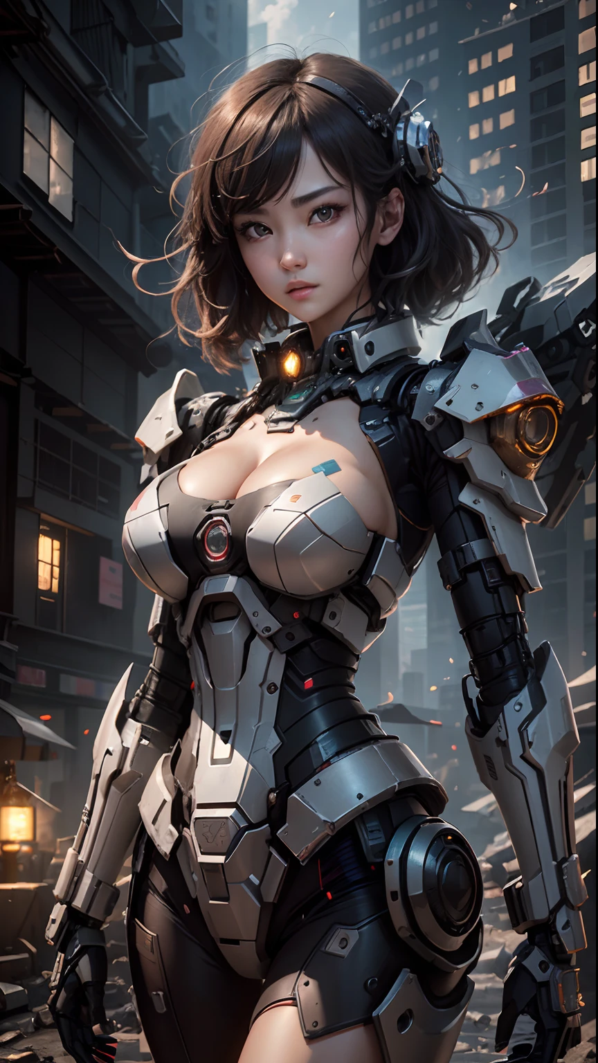 ((top-quality)), ((masterpiece)), (ighly detailed:1.3), 3D, shitu-mecha, Beautiful cyberpunk woman equipped with pink mechs in the ruins of a forgotten war city, Ancient Technology, HDR(HighDynamicRange), Ray traching, NVIDIA RTX, Hyper-Resolution, Unreal 5, sub-surface Scattering, PBR Texture, post processed, Anisotropy Filtering, depth of fields, Maximum sharpness and sharpness, Multilayer Texture, Albedo and highlight map, Surface Shading、accurate simulation of light and material interactions、perfectly proportions、octan render、Duotone lighting、Low ISO、White Balance、thirds rule、Wide aperture、8K RAW、Efficient Subpixel、sub-pixel convolution、Luminescent particles、light scattering、Tindall Effect、Her powerful expression、cleavage of the breast