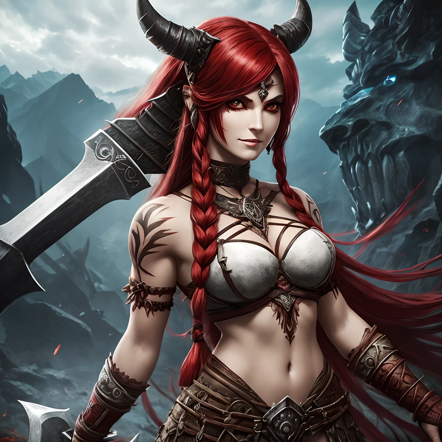 Berserker, barbarian woman,  Arte de Fantasia, of his gaze alone enemies beginning to panic, one head, devilish smile, besta do inferno, demonio, White Fire Sky, guerreira, com foice e escudo, Linda, Mulheres, Werelion, Long red braided hair, olhos dourados brilhantes, realista, altamente detalhados, Motor irreal, 8k de luxo