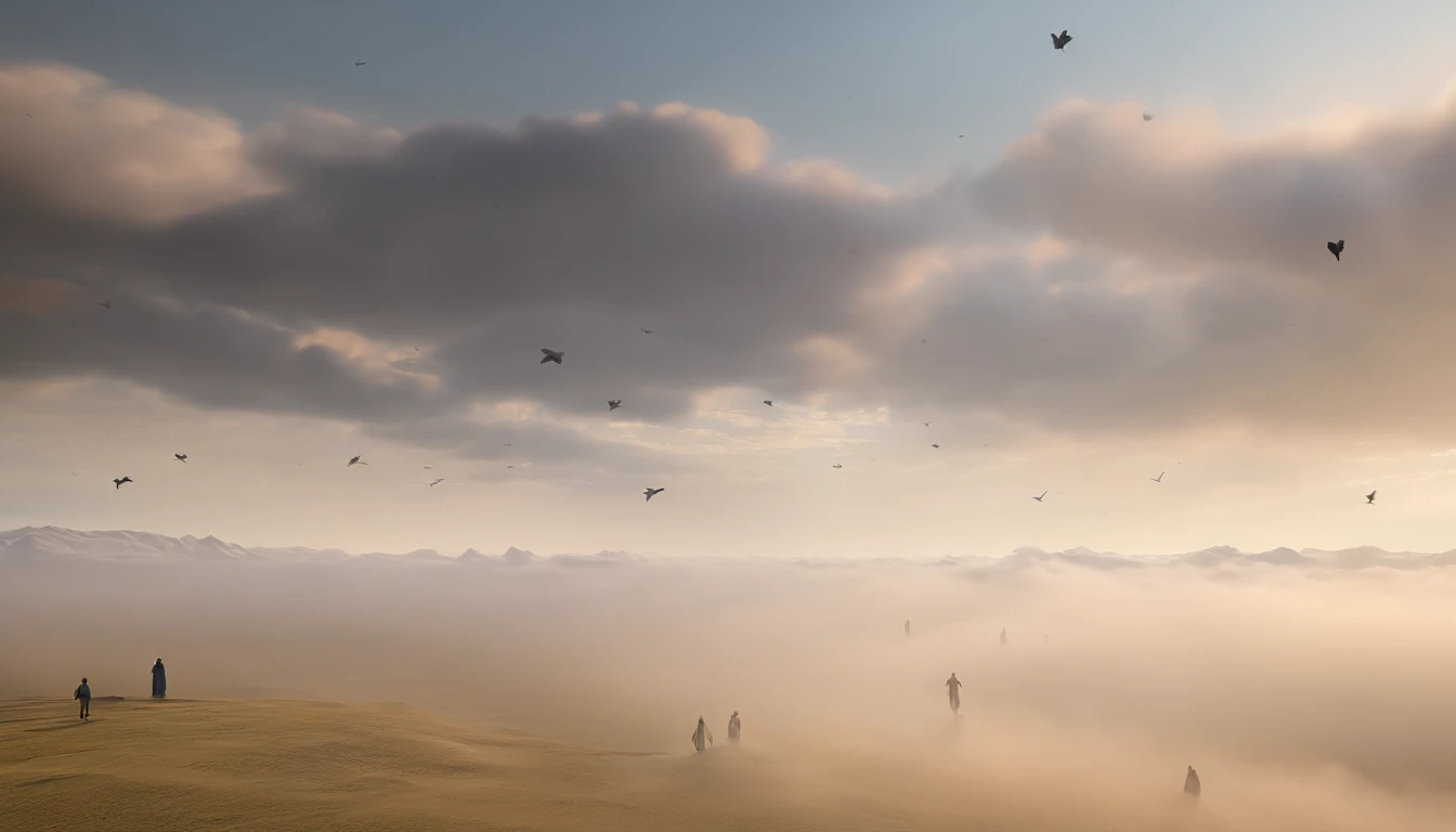The Rapture ,Thousands of people are floating in the air,Standing on the clouds, Thousands of people are dressed in white, Raise your hands and sing hymns to praise God. The scenes are magnificent and surreal. (Best Quality, 4k, 8K, high resolucion, Masterpiece:1.2), Ultra-detailed, (realisitic, Photorealistic, Realistis:1.37), portrait of a, Vivid colors, studio lit, Sharp focus, physics based rendering, extreme detail description, Biblical Topics, grand ambience, radiant light.