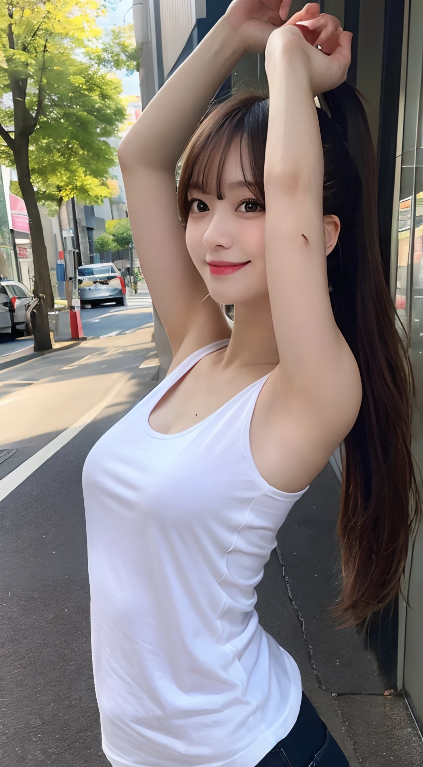 masutepiece, Best Quality, Illustration, Ultra-detailed, finely detail, hight resolution, 8K Wallpaper, Perfect dynamic composition, Beautiful detailed eyes, Women's Fashion Summer,Long ponytail,small tits, Bold sexy poses,Smile,Harajuku,20 years girl,Cute,Sexy shot looking at camera,Sleeveless,Thin shirt,(Armpit)