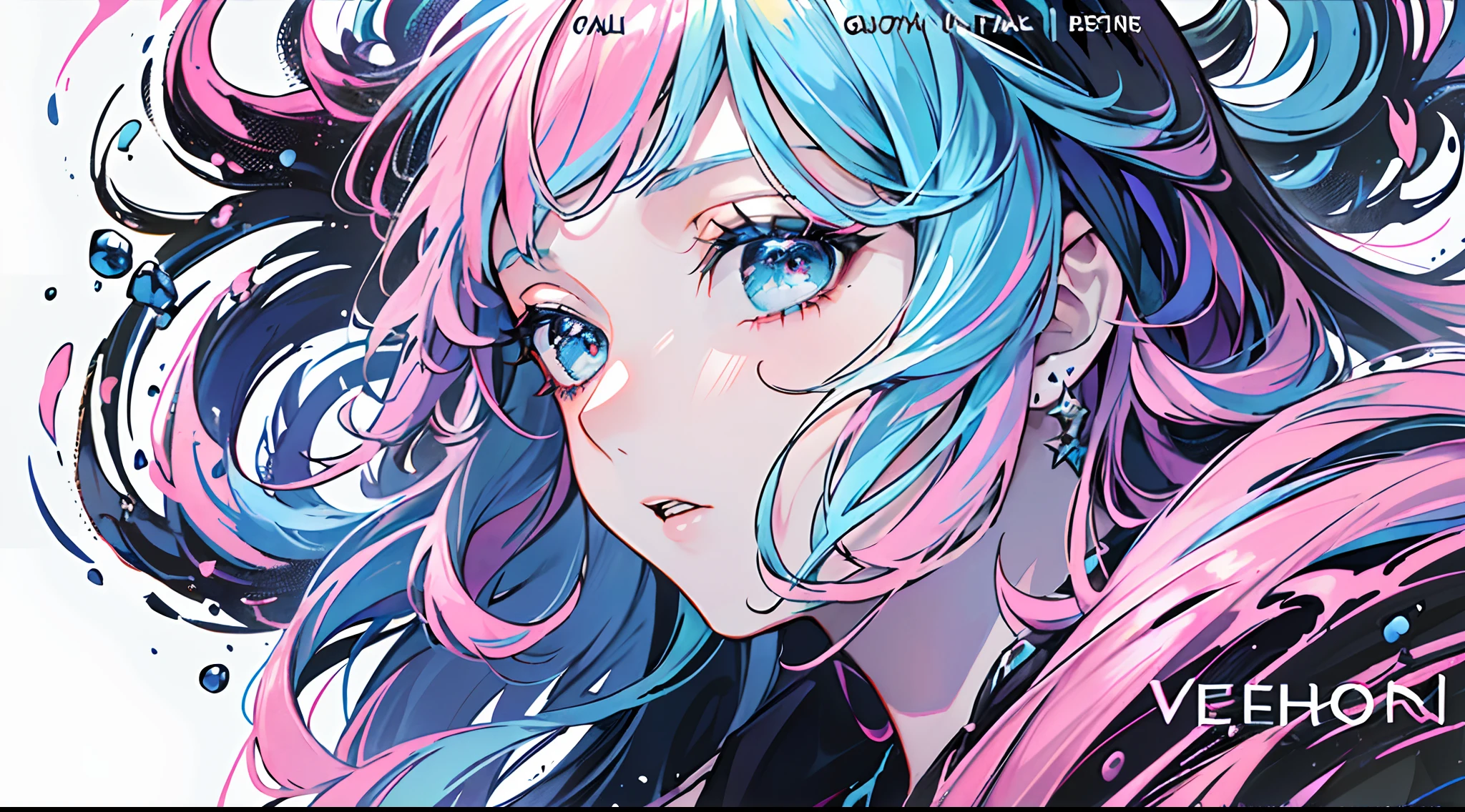(masterpiece、top-quality、top-quality、watercolor paiting(Curly)、 (magazine:1.3), (cover-style:1.3), ((((Dramatic)))、(((gritty)))、(((vehement)))、Official art、Beautifully Aesthetic:1.2)、(1girl in:1.3)、(Fractal Art:1.3)、The upper part of the body、From Side、looking at the viewers、patterns、(rainbow-colored hair、colourful hair、Half blue and half pink hair:1.2)、Eau、liquids、clouds、colourfull、starrysky、stele、Tastes like a movie poster with a young woman as the protagonist。She wears stylish and edgy clothes、I have a determined look on my face。Bright and grainy background、Makes you feel danger and strength。Text is bold and attention-grabbing、Has a catchy tagline that adds to the overall sense of drama and excitement。The color palette is predominantly bright、There are splashes of bright colors、It gives the poster a dynamic and visually striking look。Fashionable, with a vibrant, outfits, the pose, the front, Colorful, Dynamic, Background with, element, accessorized, An majestic, coiled, surroundings, Touch, The scene, Texto, covers, It's bold, captures the attention, Titles, Stylish, Font, Catchy, headline, The large, Impressive, moderno, Trendy, Focus, lo fashion,