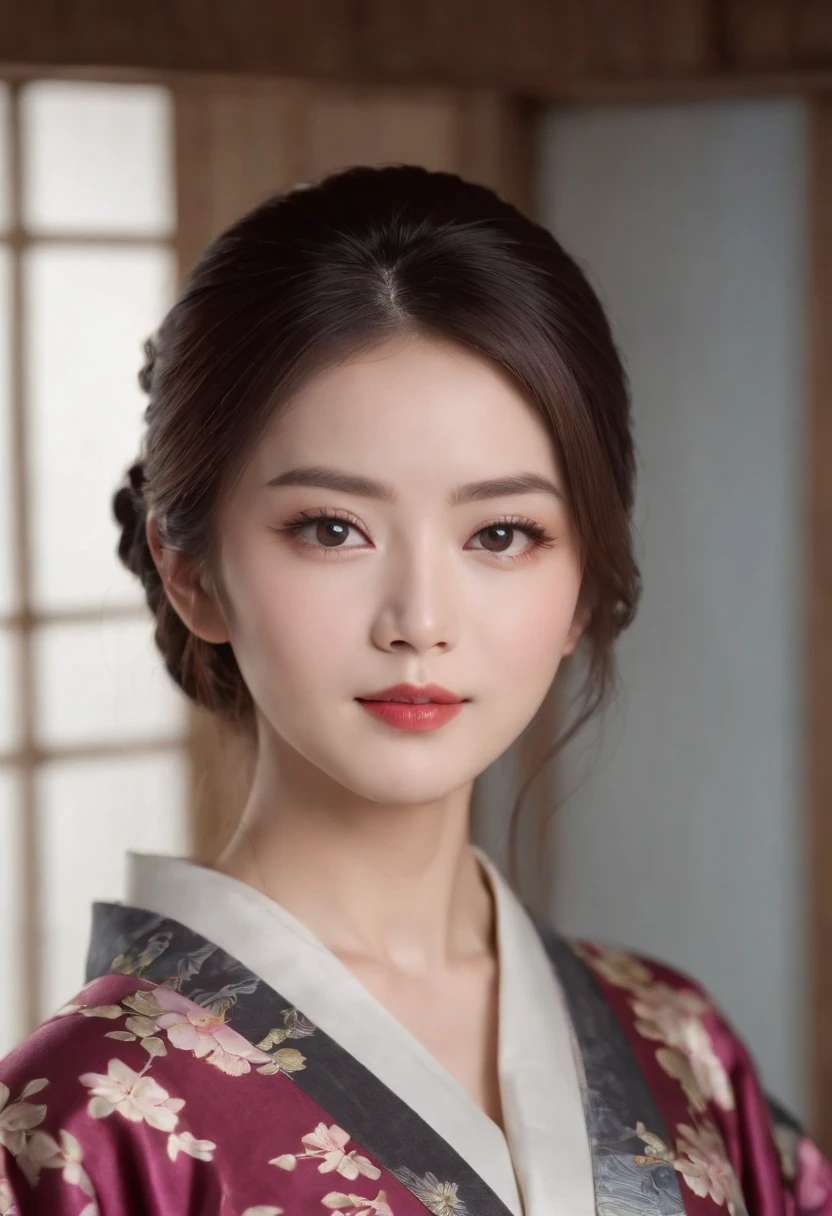 8k super-resolution、Beautuful Women、One lady、dark brown hair:1.1、hyperdetailed face、Detailed lips、significant、（Eyes are in focus）、二重まぶた、Eyes of the Princess、 beautfull Japanease woman、Beautiful Japan Lady、 sensual lip、Bewitching body、Bust Size 82、8 class large、Stand forward with good balance between left and right、in her 20s、（22year old）、Perspective、Lovely smile, Detailed Japan kimono in black-red-yellow-purple、Ultra-realistic and detailed floral pattern and shiny knots、Sharp Images、Detailed eye shine、Detailed background of Arashiyama Park in Kyoto、Natural hand shape、The chest is visible