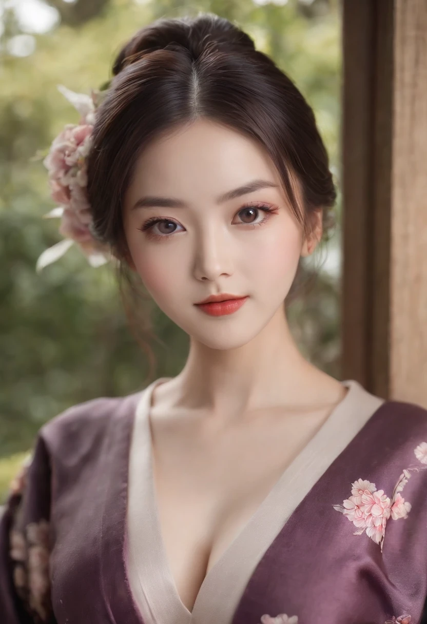8k super-resolution、Beautuful Women、One lady、dark brown hair:1.1、hyperdetailed face、Detailed lips、significant、(Eyes are in focus)、二重まぶた、Eyes of the Princess、 beautfull Japanease woman、Beautiful Japan Lady、 sensual lip、Bewitching body、Bust Size 82、8 class large、Stand forward with good balance between left and right、in her 20s、(22year old)、Perspective、Lovely smile, Detailed Japan kimono in black-red-yellow-purple、Ultra-realistic and detailed floral pattern and shiny knots、Sharp Images、Detailed eye shine、Detailed background of Arashiyama Park in Kyoto、Natural hand shape、The chest is visible