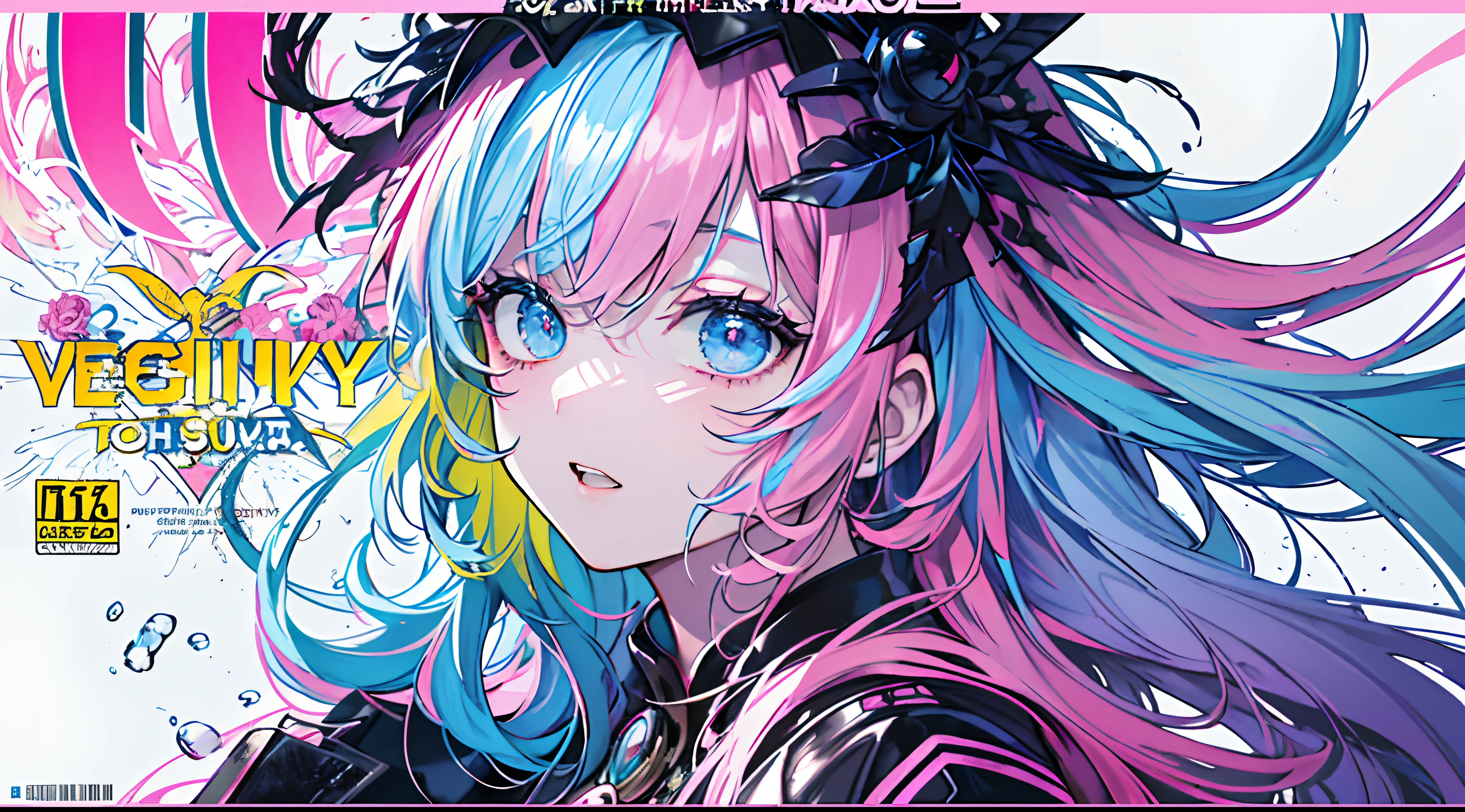(​masterpiece、top-quality、top-quality、watercolor paiting(Curly)、 (magazine:1.3), (cover-style:1.3), ((((Dramatic)))、(((gritty)))、(((vehement)))、Official art、Beautifully Aesthetic:1.2)、(1girl in:1.3)、(Fractal Art:1.3)、The upper part of the body、From Side、looking at the viewers、patterns、(rainbow-colored hair、colourful hair、Half blue and half pink hair:1.2)、Eau、liquids、​​clouds、colourfull、starrysky、stele、Tastes like a movie poster with a young woman as the protagonist。She wears stylish and edgy clothes、I have a determined look on my face。Bright and grainy background、Makes you feel danger and strength。Text is bold and attention-grabbing、Has a catchy tagline that adds to the overall sense of drama and excitement。The color palette is predominantly bright、There are splashes of bright colors、It gives the poster a dynamic and visually striking look。Fashionable, with a vibrant, outfits, the pose, the front, Colorful, Dynamic, Background with, element,  accessorized, An majestic, coiled, surroundings, Touch, The scene, Texto, covers, It's bold, captures the attention, Titles, Stylish, Font, Catchy, headline, The large, Impressive, moderno, Trendy, Focus, lo fashion,