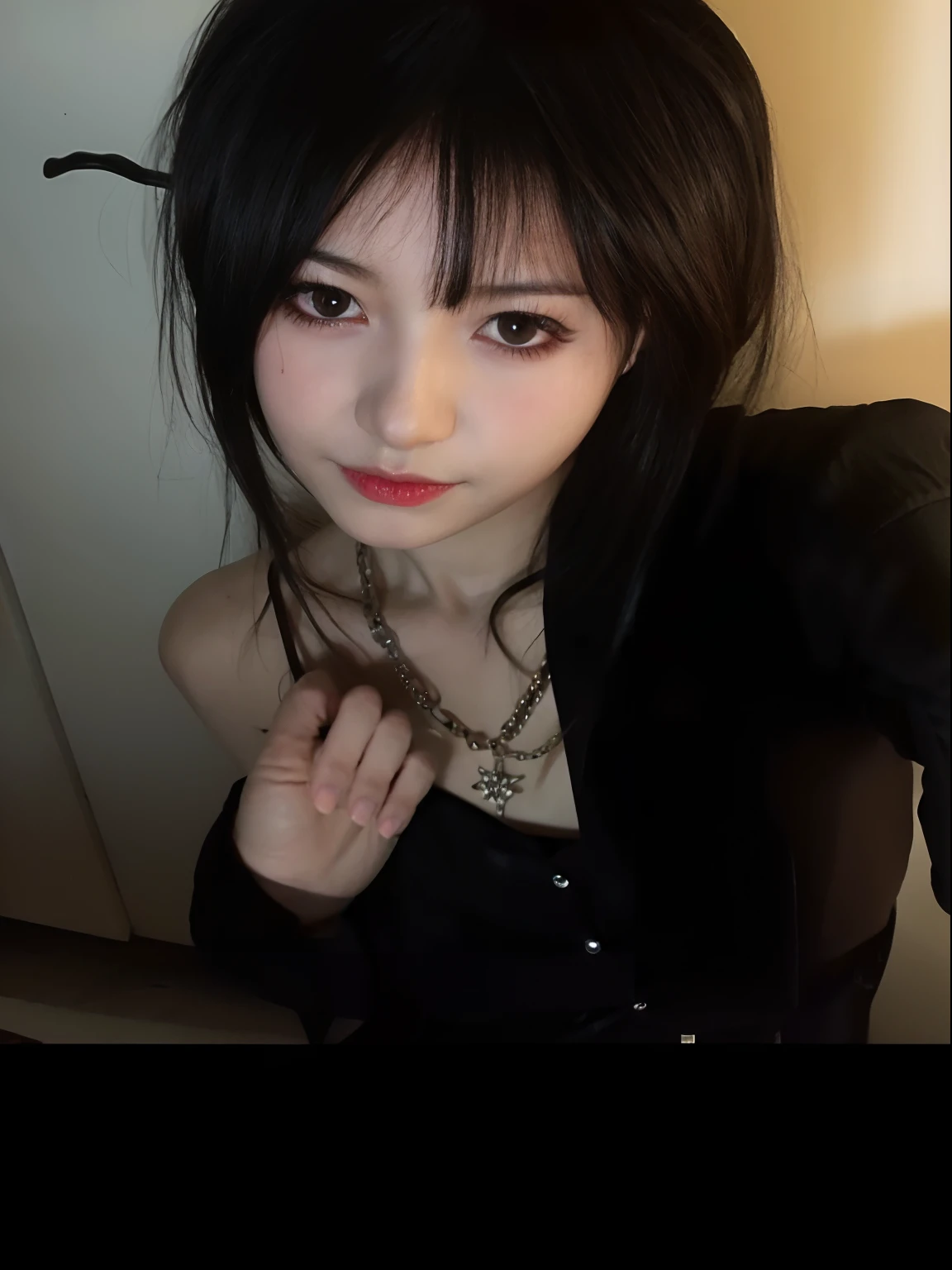 1girl, cute, k-pop idol, Japanese, Asian, upper body, medium breasts, sexually suggestive, (selfie :1.3), mature female, medium hair, black hair, choker, black clothes, goth, punk, delinquent, thick eyelashes, mascara, masterpiece, best quality
