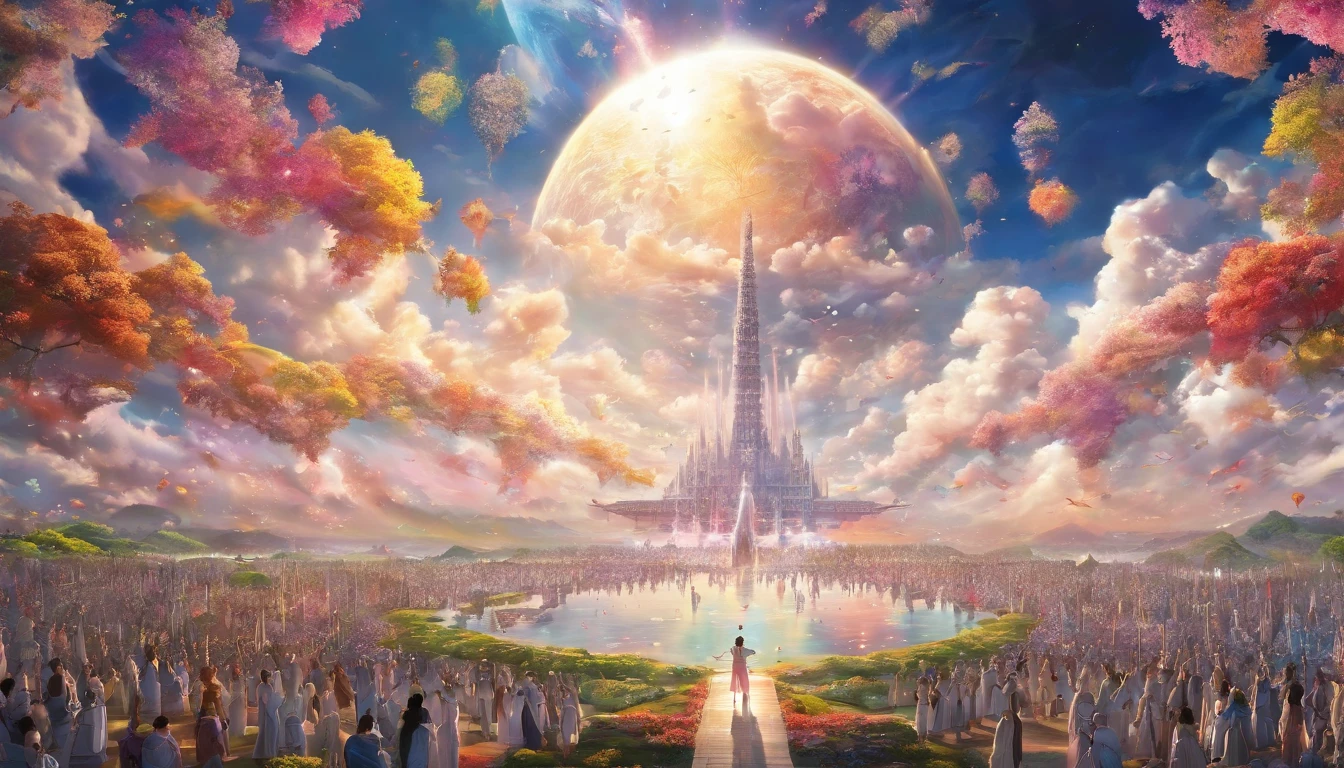 The Rapture ,Thousands of people are floating in the air,Standing on the clouds, Thousands of people are dressed in white, Raise your hands and sing hymns to praise God. The scenes are magnificent and surreal. (Best Quality, 4k, 8K, high resolucion, Masterpiece:1.2), Ultra-detailed, (realisitic, Photorealistic, Realistis:1.37), portrait of a, Vivid colors, studio lit, Sharp focus, physics based rendering, extreme detail description, Biblical Topics, grand ambience, radiant light.
