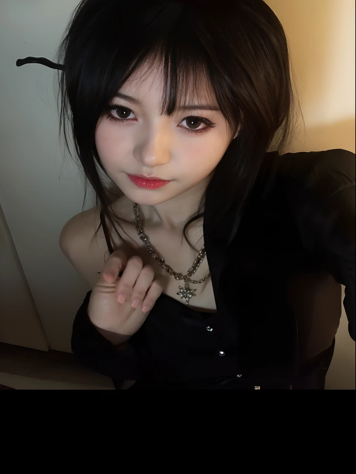 Black hair black blouse Alafede Asian woman, cruel korean goth girl, 1 7 - year - old anime goth girl, 1 7 - year - old goth girl, sui ishida with black hair, Anime girl in real life, ulzzangs, 8k selfie photograph, chiho, sexy look at the camera, with long hair and piercing eyes