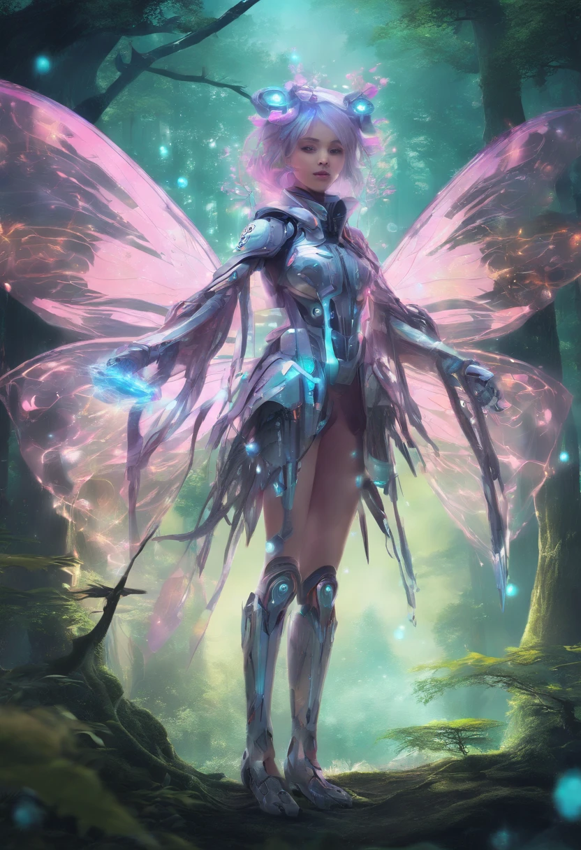 Create a magical anime-style robotic fairy in a futuristic forest