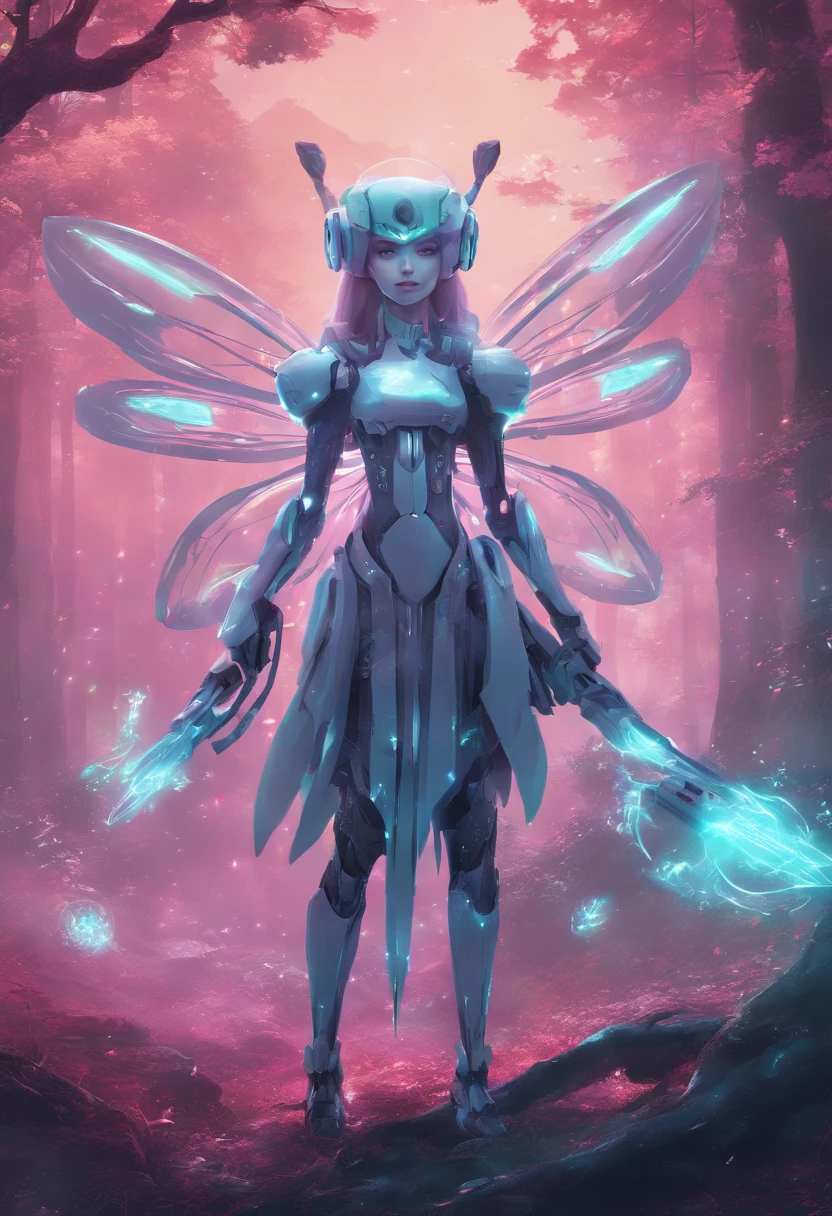 Create a magical anime-style robotic fairy in a futuristic forest