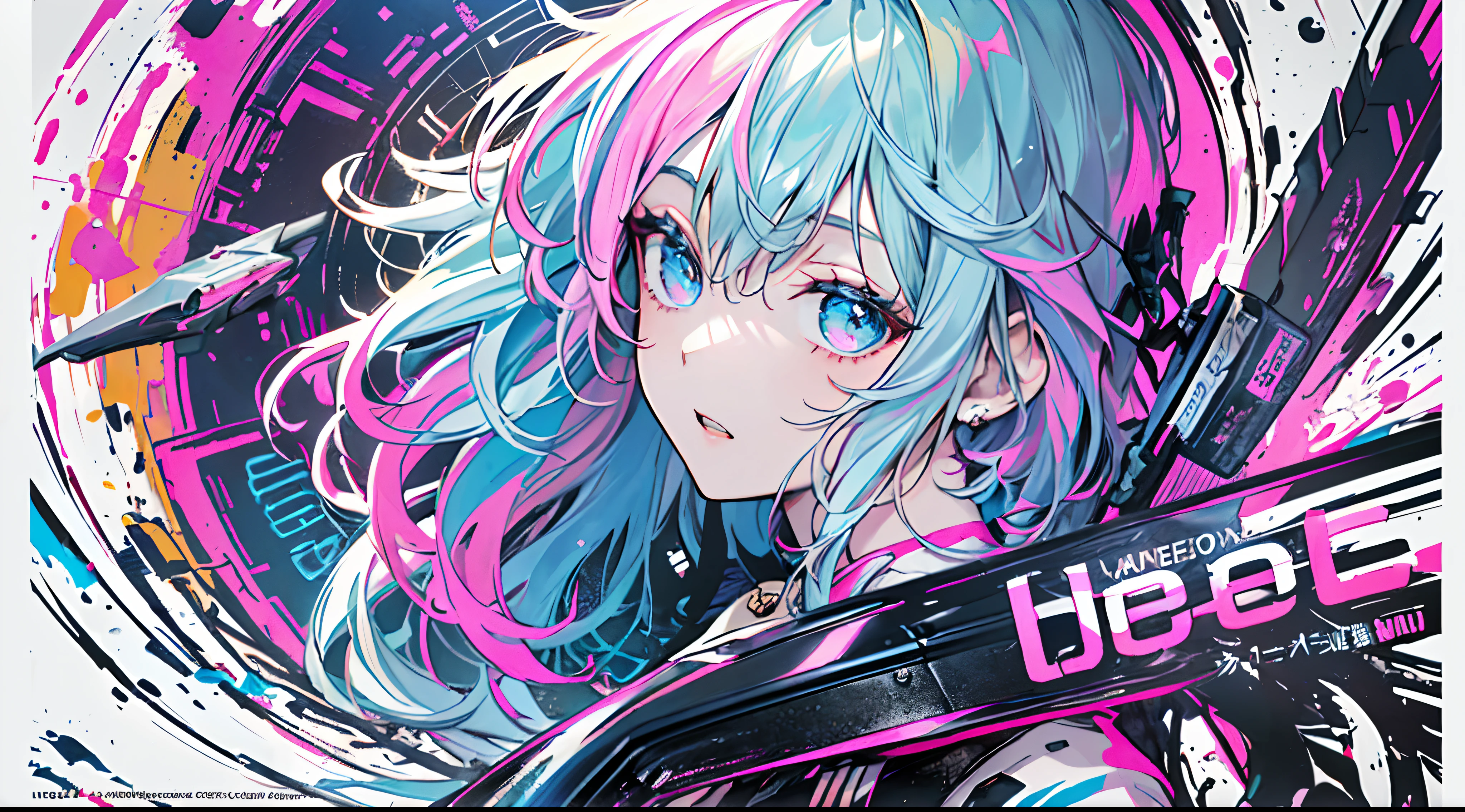 (masterpiece、top-quality、top-quality、watercolor paiting(Curly)、 (magazine:1.3), (cover-style:1.3), ((((Dramatic)))、(((gritty)))、(((vehement)))、Official art、Beautifully Aesthetic:1.2)、(1girl in:1.3)、(Fractal Art:1.3)、The upper part of the body、From Side、looking at the viewers、patterns、(rainbow-colored hair、colourful hair、Half blue and half pink hair:1.2)、Eau、liquids、clouds、colourfull、starrysky、stele、Tastes like a movie poster with a young woman as the protagonist。She wears stylish and edgy clothes、I have a determined look on my face。Bright and grainy background、Makes you feel danger and strength。Text is bold and attention-grabbing、Has a catchy tagline that adds to the overall sense of drama and excitement。The color palette is predominantly bright、There are splashes of bright colors、It gives the poster a dynamic and visually striking look。Fashionable, with a vibrant, outfits, the pose, the front, Colorful, Dynamic, Background with, element, accessorized, An majestic, coiled, surroundings, Touch, The scene, Texto, covers, It's bold, captures the attention, Titles, Stylish, Font, Catchy, headline, The large, Impressive, moderno, Trendy, Focus, lo fashion,