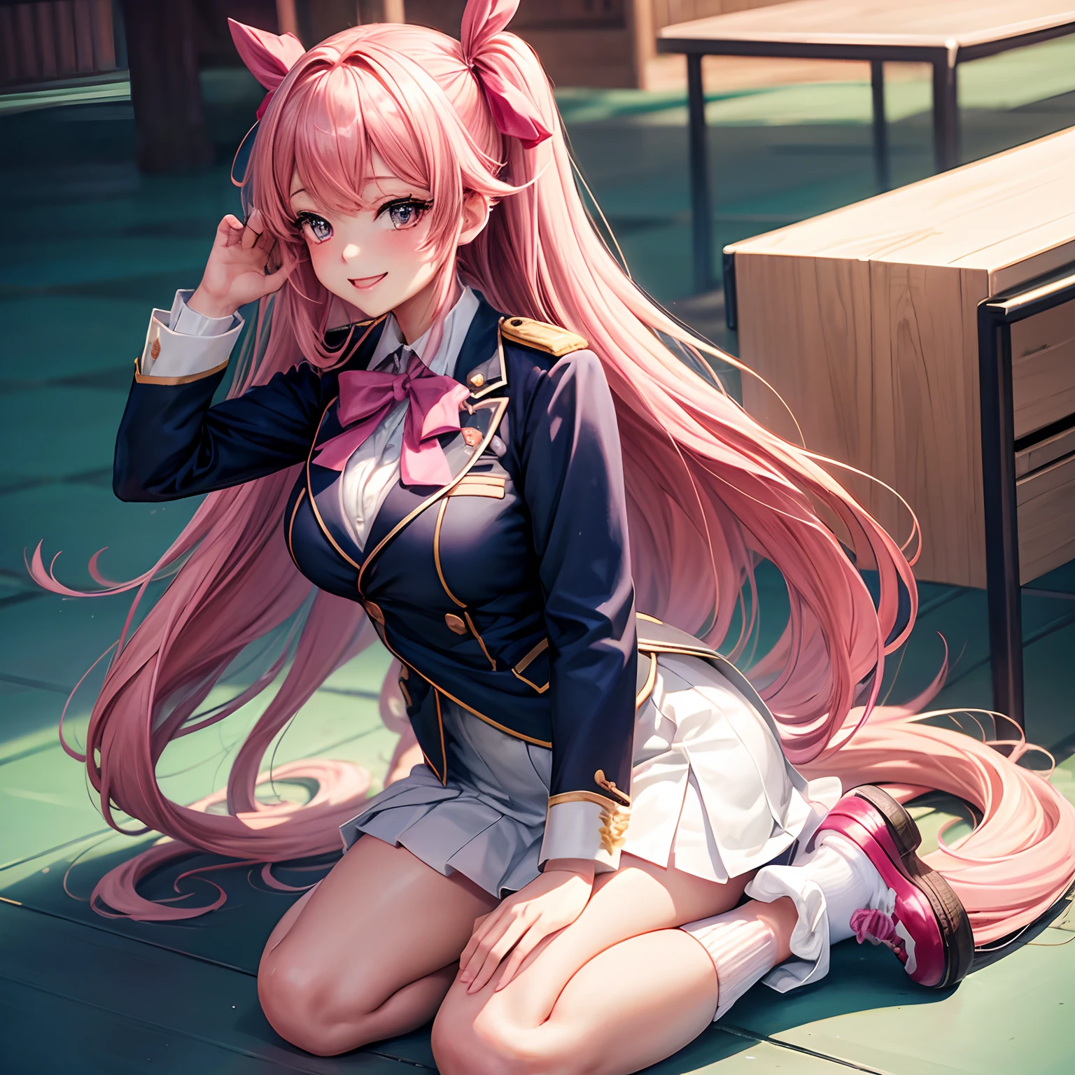 a beauty girl,Ribbon on uniform,blazers,A smile,girl,long,anime a girl,top-quality,Colossal tits,Pink hair,masterpiece,Excellent style,Erotic Cute,超A high resolution,beautiful a girl,Lovely girl,Loose socks,Perfect Beautiful Girl