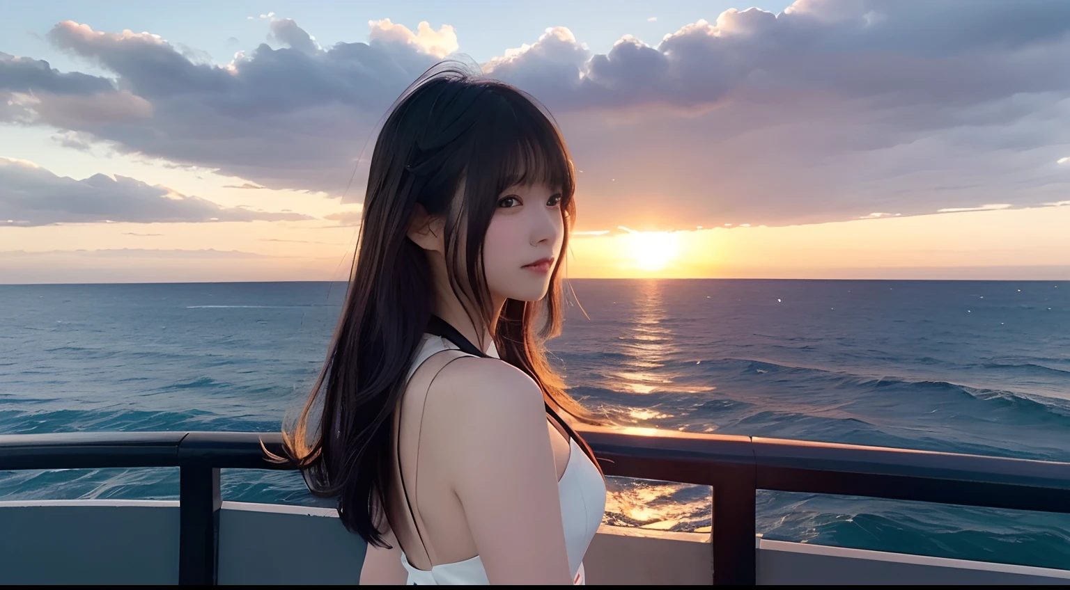 (top-quality,8K,​masterpiece:1.3),(超A high resolution,Photorealsitic:1.4,RAW shooting),(ultra-detailliert,Caustics,perfect anatomia),(hyper detailed background,Ultra-realistic capture,beautifully detailed eyes),(Stand on the pier above the sea:1.1),turned around,Picture of the back view,Looking at the camera,女の子1人,japanes,20yr old,kawaii,Medium-sized breasts,Lonely look,pretty black hair,(Long hair fluttering in the wind:1.3),White Dress,BREAK,Horizon,beautiful ocean,Clouds illuminated by the setting sun,at the sunset,(Akane's Sky:1.5),(Big sunset on the horizon:1.4),(Water surface reflecting the setting sun:1.2),(Back lighting:1.1),natural soft light,Bust-up shot