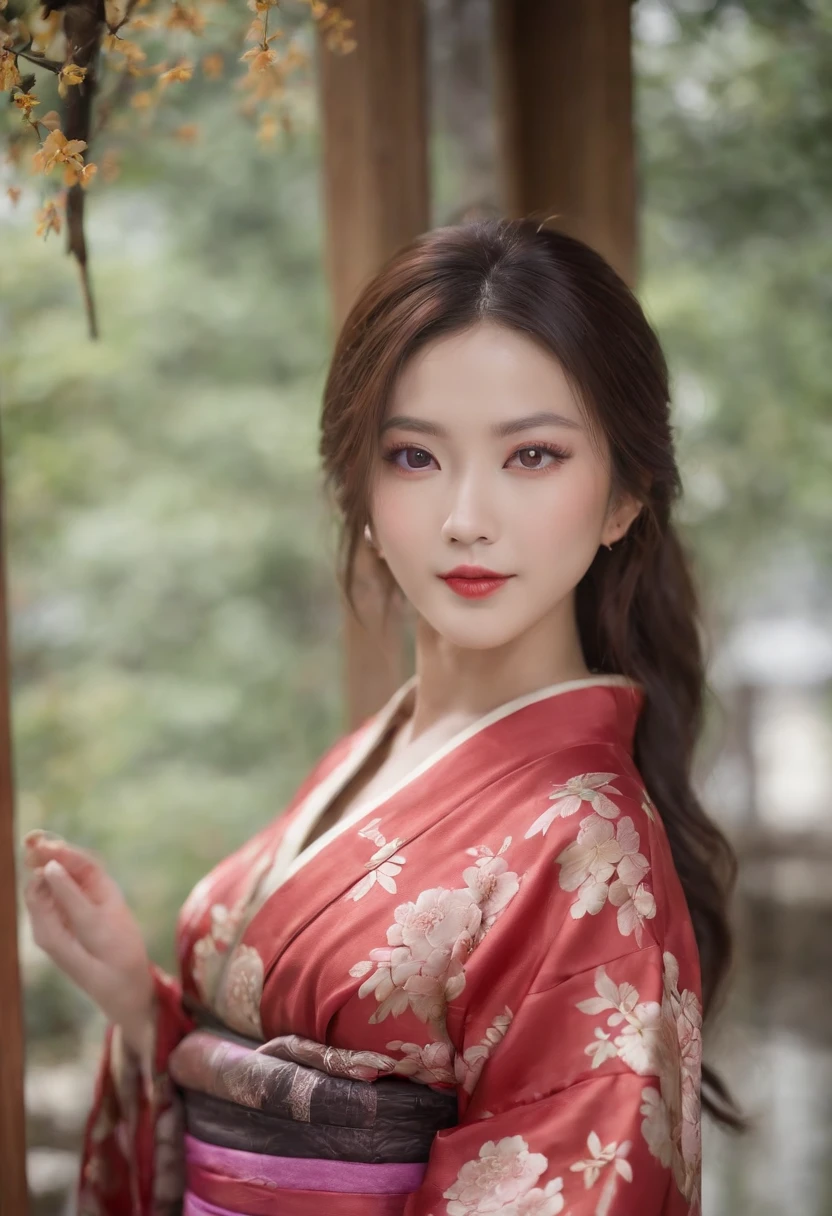 8k super-resolution、Beautuful Women、One lady、dark brown hair:1.1、hyperdetailed face、Detailed lips、significant、(Eyes are in focus)、二重まぶた、Eyes of the Princess、 beautfull Japanease woman、Beautiful Japan Lady、 sensual lip、Bewitching body、Bust Size 82、8 class large、Stand forward with good balance between left and right、in her 20s、(22year old)、Perspective、Lovely smile, Detailed Japan kimono in black-red-yellow-purple、Ultra-realistic and detailed floral pattern and shiny knots、Sharp Images、Detailed eye shine、Detailed background of Arashiyama Park in Kyoto、Natural hand shape、Cleavage is visible、