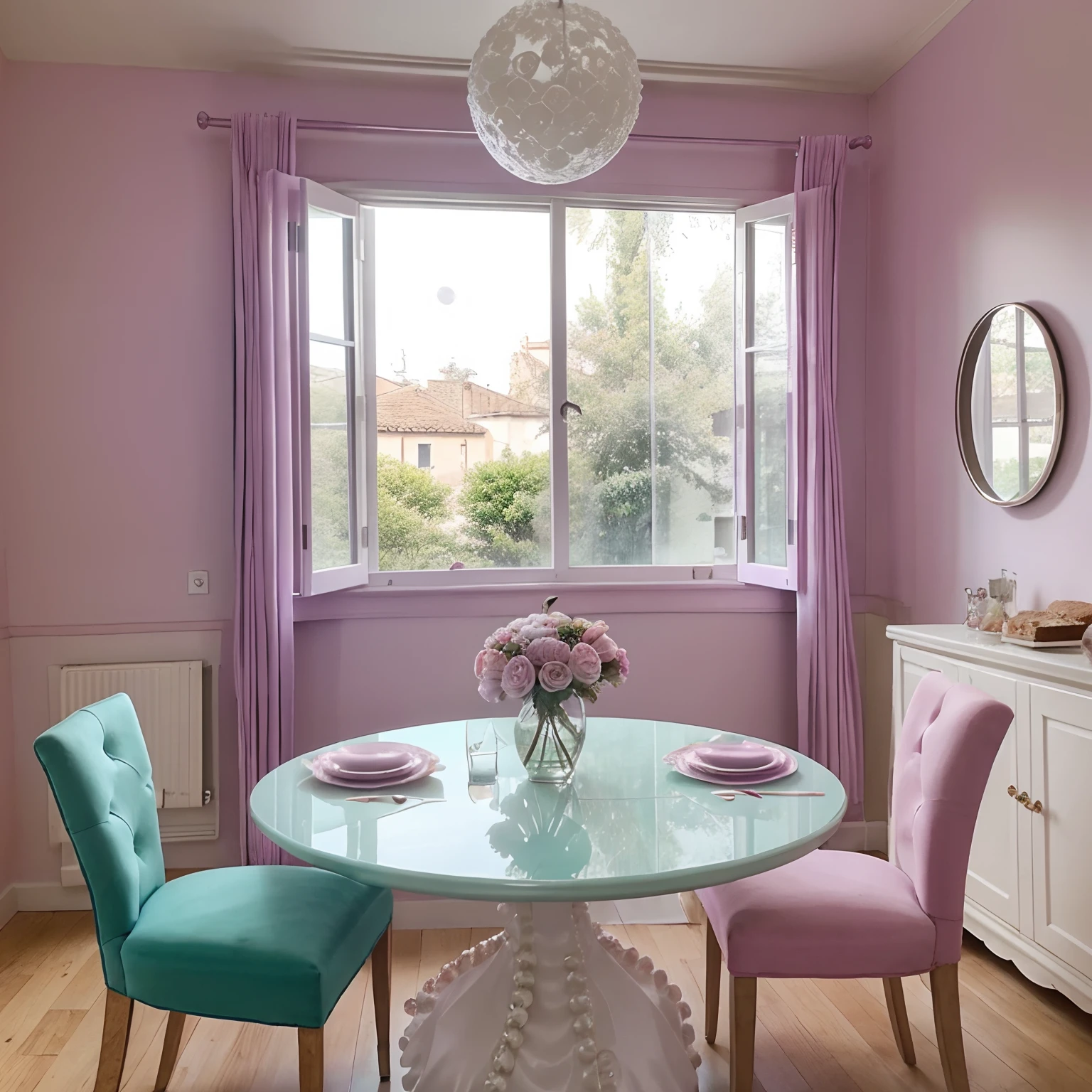 Dining table Round table Mint colored walls Purple-pink florals pearls The moon seen from the window Delicious bread on a cute plate fruits