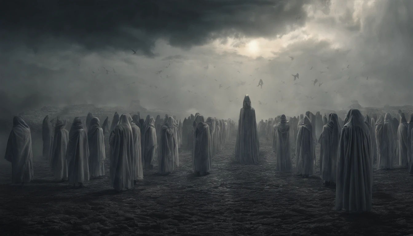 The Rapture ,Thousands of people are floating in the air,Standing on the clouds, Thousands of people are dressed in white, Raise your hands and sing hymns to praise God. The scenes are magnificent and surreal. (Best Quality, 4k, 8K, high resolucion, Masterpiece:1.2), Ultra-detailed, (realisitic, Photorealistic, Realistis:1.37), portrait of a, Vivid colors, studio lit, Sharp focus, physics based rendering, extreme detail description, Biblical Topics, grand ambience, radiant light.