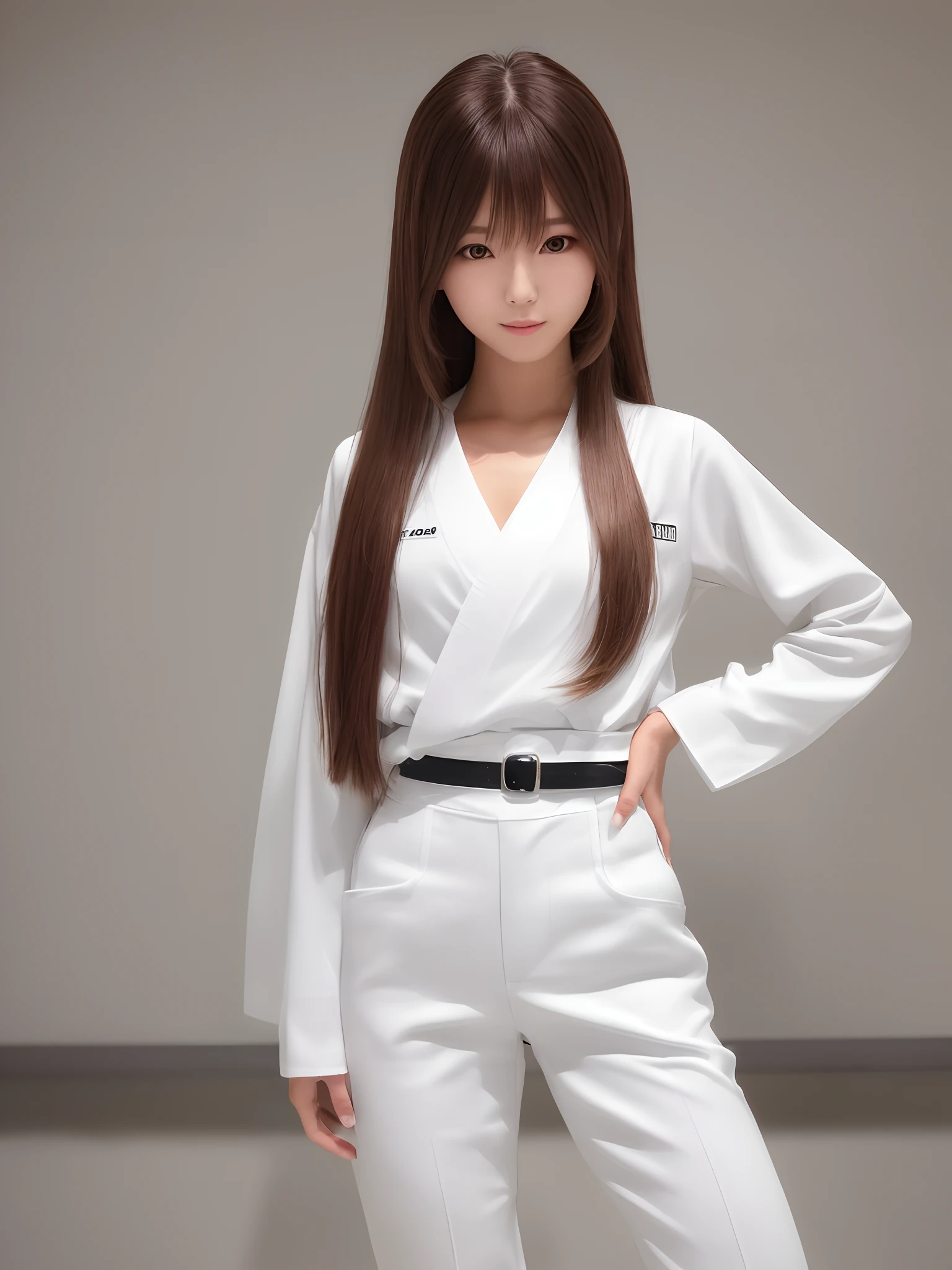 (Photorealsitic)(sixteen years old), Perfectly beautiful woman, (Full body 8K portrait), White Karate Uniform, White karate pants, Large bust,Stand alone, Make a high side kick, Large and dynamic hand and foot movements, Correct skeleton, beautiful proportion, Perfect facial detail, (Smile: 1.15), attractive beautiful face, gazing at viewer, a small face, 二重まぶた, Beautiful detailed eyes, long eyeslashes, ligh brown hair, poneyTail, Toned waist, Beautiful thin legs, toned ankles, bare-legged ,TOKYOcty