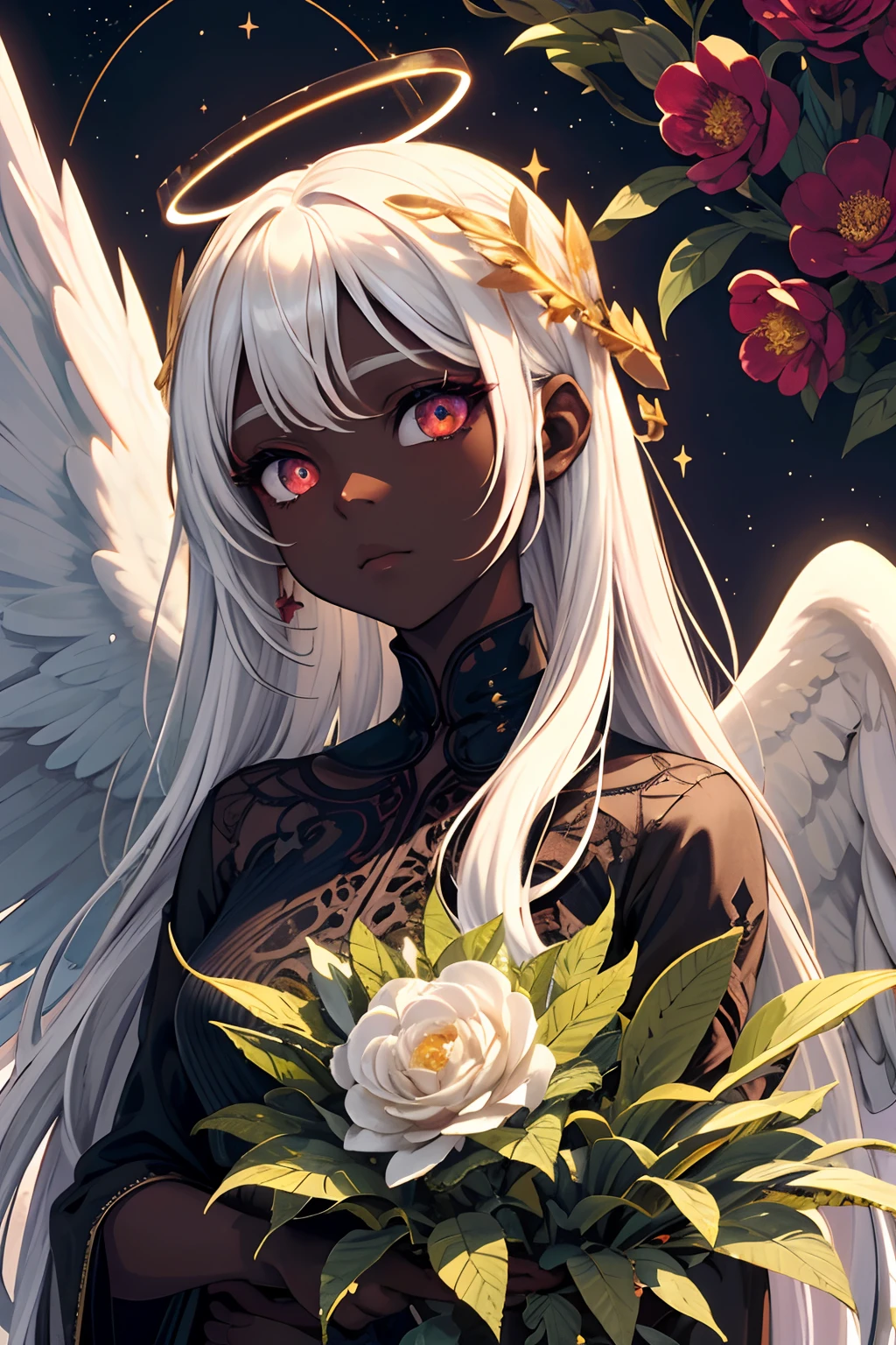 (intricate details), (****), eldritch, (dream), illustration, heaven background, flowers, 1girl, white hair, golden eyes, long hair, halo, angel wings, (dark skin), serene, looking at viewer, magenta, (black:1.2), plants, (white:0.8), immaculate, heroic \(theme\), glow, glowing eyes, (sparkly:0.9 gold), sy3, SMM