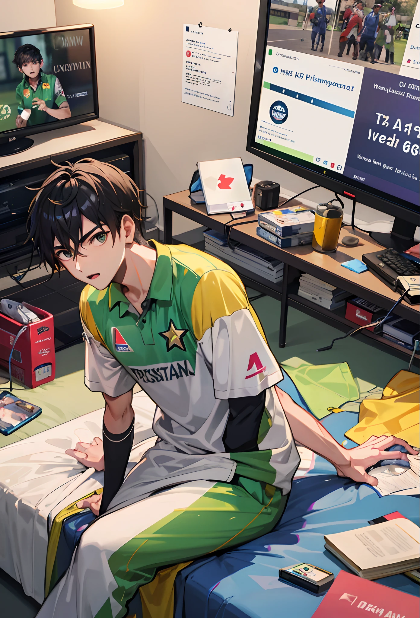 A 18 years old boy watching Pakistan cricket winning moment in TV in his room with Jersey wearing Pakistan 56 number