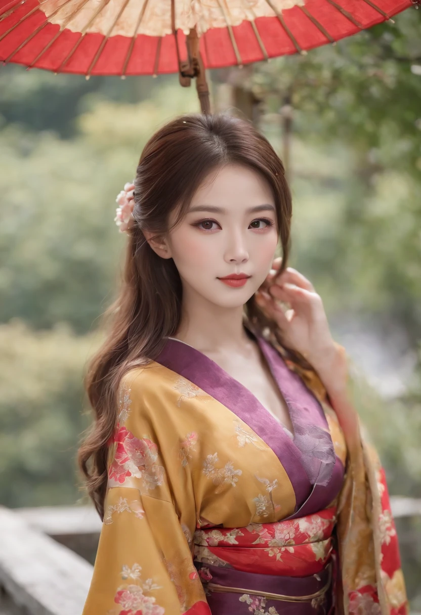 8k super-resolution、Beautuful Women、One lady、dark brown hair:1.1、hyperdetailed face、Detailed lips、significant、(Eyes are in focus)、二重まぶた、Eyes of the Princess、 beautfull Japanease woman、Beautiful Japan Lady、 sensual lip、Bewitching body、Bust Size 82、8 class large、Stand forward with good balance between left and right、in her 20s、(22year old)、Perspective、Lovely smile, Detailed Japan kimono in black-red-yellow-purple、Ultra-realistic and detailed floral pattern and shiny knots、Sharp Images、Detailed eye shine、Detailed background of Arashiyama Park in Kyoto、Natural hand shape、Cleavage is visible、