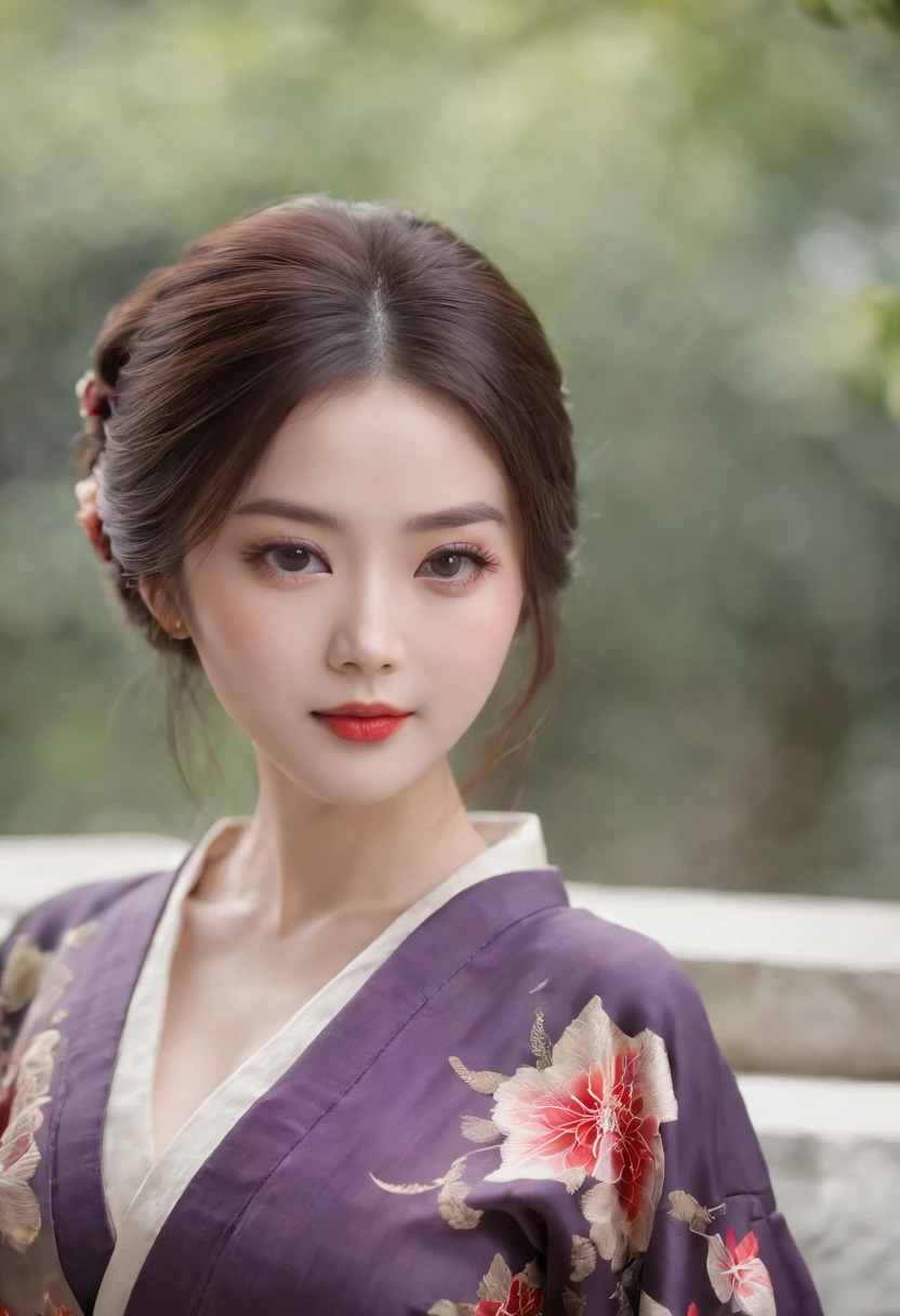 8k super-resolution、Beautuful Women、One lady、dark brown hair:1.1、hyperdetailed face、Detailed lips、significant、（Eyes are in focus）、二重まぶた、Eyes of the Princess、 beautfull Japanease woman、Beautiful Japan Lady、 sensual lip、Bewitching body、Bust Size 82、8 class large、Stand forward with good balance between left and right、in her 20s、（22year old）、Perspective、Lovely smile, Detailed Japan kimono in black-red-yellow-purple、Ultra-realistic and detailed floral pattern and shiny knots、Sharp Images、Detailed eye shine、Detailed background of Arashiyama Park in Kyoto、Natural hand shape、Cleavage is visible、