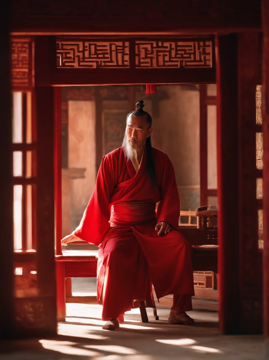 Handsome ancient Chinese man,Sit in a dilapidated house,long and flowing hair,Red clothes,A ray of sunlight hits the body,China-style