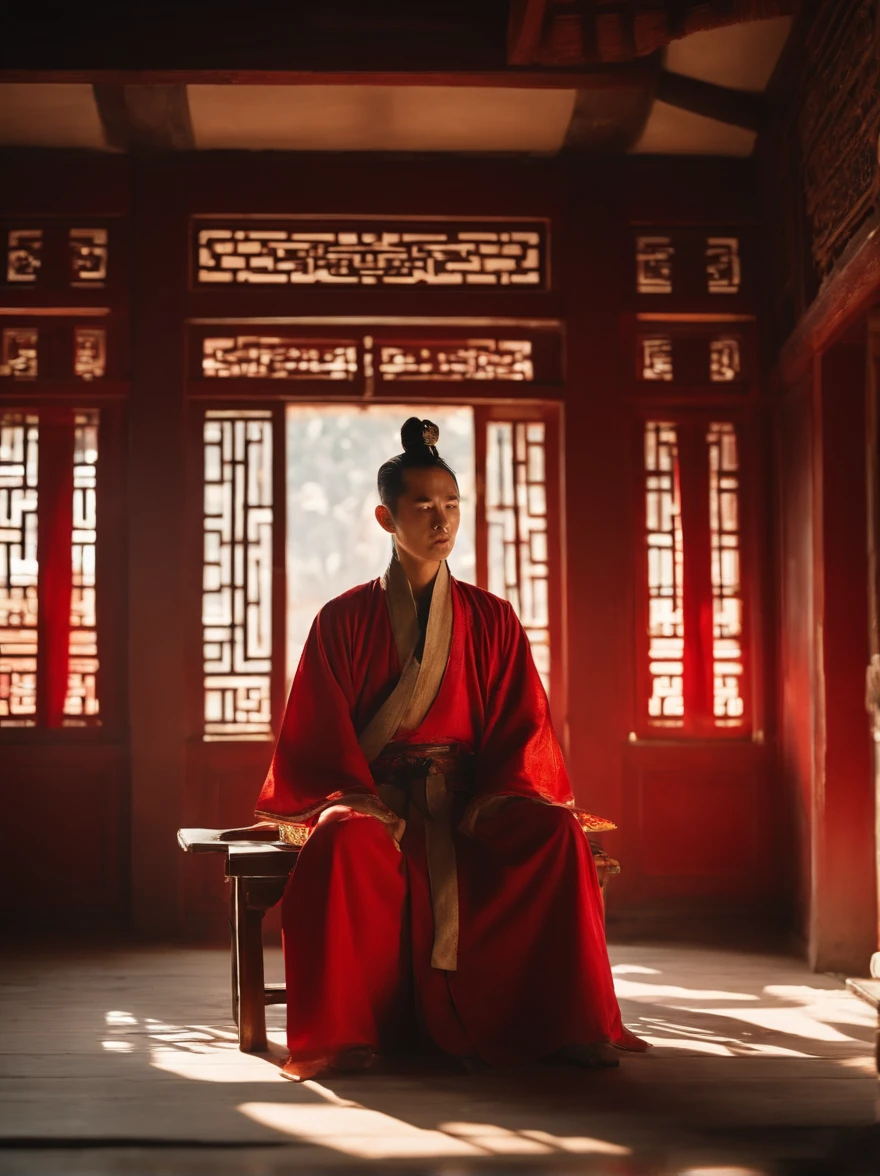 Handsome ancient Chinese man,Sit in a dilapidated house,long and flowing hair,Red clothes,A ray of sunlight hits the body,China-style