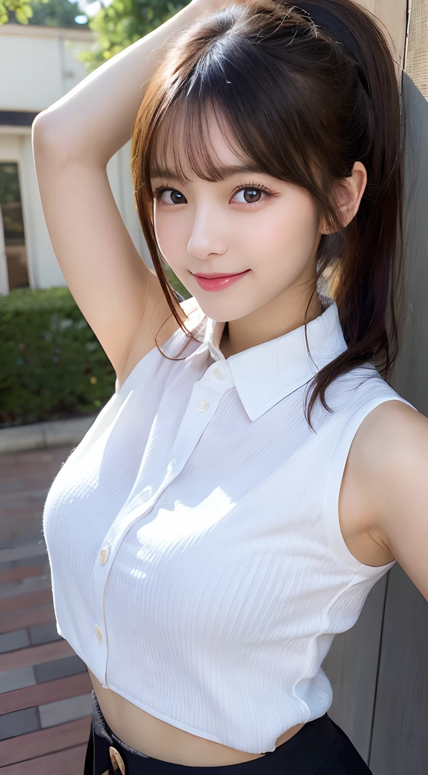 masutepiece, Best Quality, Illustration, Ultra-detailed, finely detail, hight resolution, 8K Wallpaper, Perfect dynamic composition, Beautiful detailed eyes, Women's Fashion Summer,Long ponytail,small tits, Bold sexy poses,Smile,Harajuku,20 years girl,Cute,Sexy shot looking at camera,collared shirt,(Armpit)