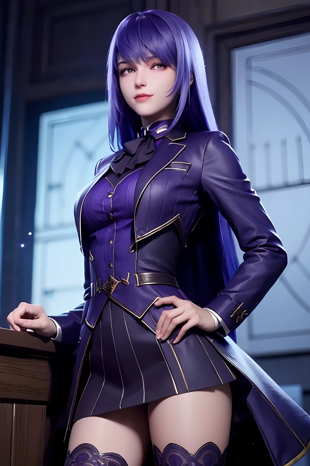 (masterpiece), (best quality), (perfect face), extremely detailed skin pores, (detailed skin:1.2), artstation, night, office, night sky,
cool girl, dark business jacket, dark business skirt, thighhighs, black short hair, straight face, light smile, standing, portrait, Purple hair,long hair, eye purple,