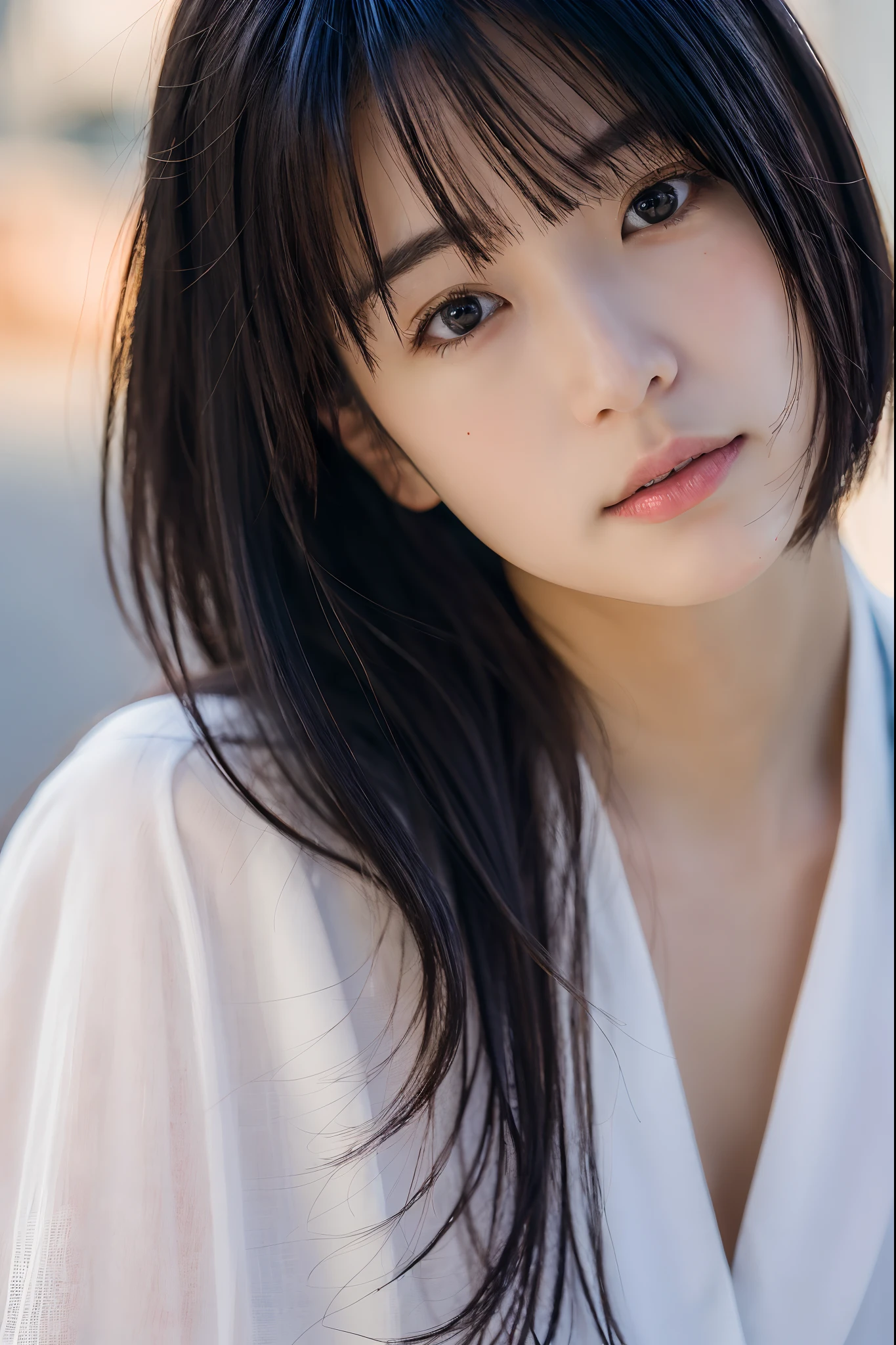 , Blown by the long wind [blue-black:.3] hair,Looking at Viewer, (masutepiece:1.3), (8K, Photorealistic, Raw photo, Best Quality: 1.4), Japanese, (1girl in), Beautiful face, (Realistic face), (Black hair, Short hair:1.3), Beautiful hairstyle, Realistic eyes, Beautiful detailed eyes, (Realistic skin), Beautiful skin, Attractive, 超A high resolution, A hyper-realistic, Highly detailed, Golden ratio,、((乃木坂アイドル))、韓国アイドル、hposing Gravure Idol、女優、25-years old、tall、resturant、Italy、Americans、Australia、
