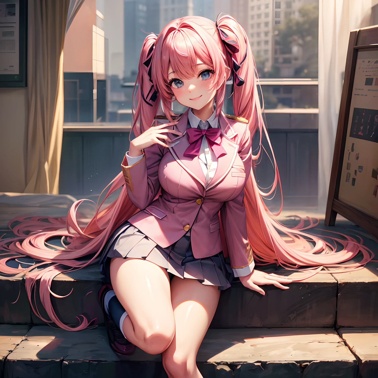 a beauty girl,Ribbon on uniform,blazers,A smile,girl,long,anime a girl,top-quality,Colossal tits,Pink hair,masterpiece,Excellent style,Long,Erotic Cute,超A high resolution,beautiful a girl,Lovely girl,Loose socks,Perfect Beautiful Girl,HD image quality,8K,