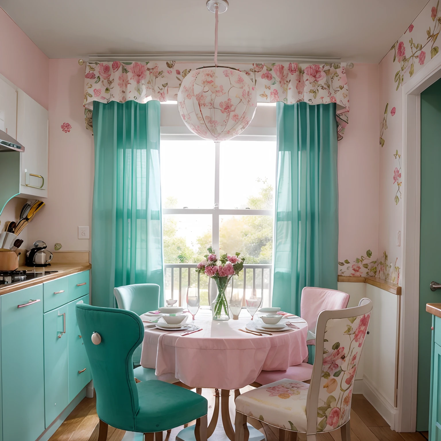 Dining kitchen　Mint colored walls　Floral curtains　Colorful lights　Fruit Lights　Round table　pink there　pearls