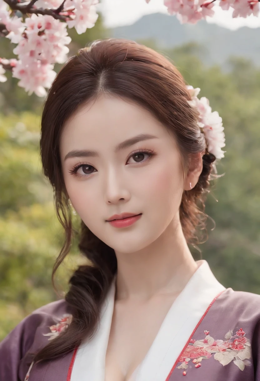 8k super-resolution、Beautuful Women、One lady、dark brown hair:1.1、hyperdetailed face、Detailed lips、significant、（Eyes are in focus）、二重まぶた、Eyes of the Princess、 beautfull Japanease woman、Beautiful Japan Lady、 sensual lip、Bewitching body、Bust Size 82、8 class large、Stand forward with good balance between left and right、in her 20s、（22year old）、Perspective、Lovely smile, Detailed Japan kimono in black-red-yellow-purple、Ultra-realistic and detailed floral pattern and shiny knots、Sharp Images、Detailed eye shine、Detailed background of Arashiyama Park in Kyoto、Natural hand shape、Cleavage is visible、