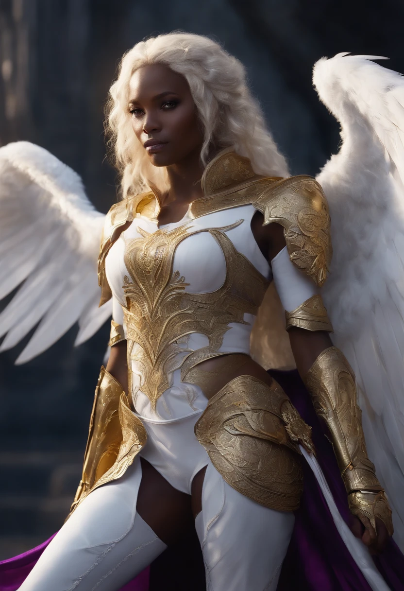 "Depict an enchanting image of a black woman with majestic angel wings. She is elegantly dressed in celestial attire, radiating grace and power. Her wings, wide and resplendent, reflect a soft, heavenly light, highlighting the unique beauty of her heritage. Her gaze conveys serenity and confidence as she appears ready to undertake a heavenly journey. Capture the harmonious combination of her angelic presence and the culturally rich expression of her black identity."