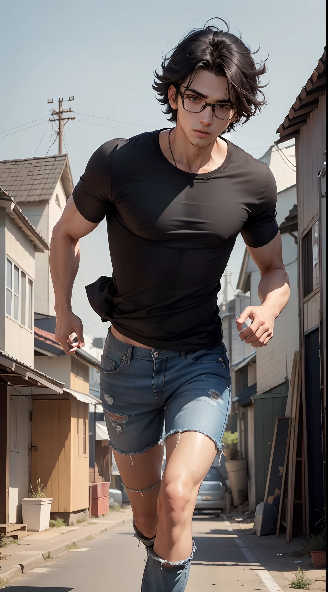 1 man 19 years old, black hair, messy hair, shaggy hair style, shoulder-length hair, bespectacled, hair over one eye, purple eyes, wearing black t-shirt, wearing long jeans, from the front, front view, both legs contract, run fast, running, free running, slightly at the back, dramatic action photography, feet on the ground, face looking forward, upper body, legs curled up, the roof is made of corrugated iron, above the alley, rooftop, late afternoon, dynamic low angle shooting, extremely detailed, best graphics, 8k, ultrasharp, masterpiece
