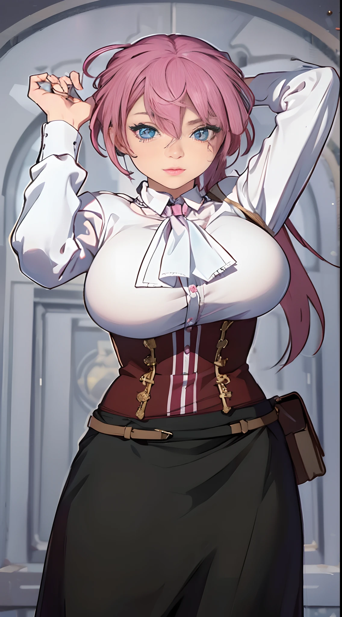 masterpiece, best quality, full body, barefoot, solo, female, big breast, feforrest, beret, pink capelet, pink tunic, white pants, brown gloves, upper body, looking at viewer, shy, from above, mansion, room, finely decorated room, pink theme, big breast but cover, hands to hip