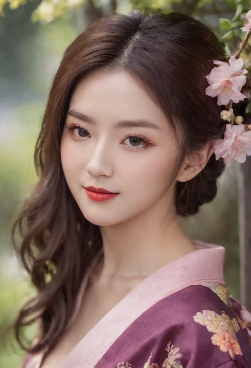 8k super-resolution、Beautuful Women、One lady、dark brown hair:1.1、hyperdetailed face、Detailed lips、significant、(Eyes are in focus)、二重まぶた、Eyes of the Princess、 beautfull Japanease woman、Beautiful Japan Lady、 sensual lip、Bewitching body、Bust Size 82、8 class large、Stand forward with good balance between left and right、in her 20s、(22year old)、Perspective、Lovely smile, Detailed Japan kimono in black-red-yellow-purple、Ultra-realistic and detailed floral pattern and shiny knots、Sharp Images、Detailed eye shine、Detailed background of Arashiyama Park in Kyoto、Natural hand shape、Cleavage is visible、