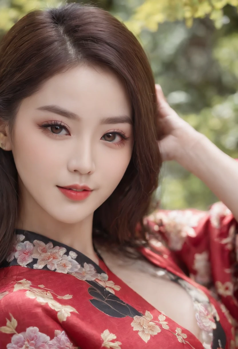 8k super-resolution、Beautuful Women、One lady、dark brown hair:1.1、hyperdetailed face、Detailed lips、significant、(Eyes are in focus)、二重まぶた、Eyes of the Princess、 beautfull Japanease woman、Beautiful Japan Lady、 sensual lip、Bewitching body、Bust Size 82、8 class large、Stand forward with good balance between left and right、in her 20s、(22year old)、Perspective、Lovely smile, Detailed Japan kimono in black-red-yellow-purple、Ultra-realistic and detailed floral pattern and shiny knots、Sharp Images、Detailed eye shine、Detailed background of Arashiyama Park in Kyoto、Natural hand shape、Cleavage is visible、