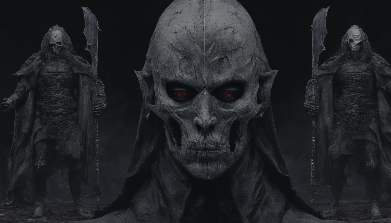 SINAL: TEAMX, Armadura inspirada em Berserk, Roupas ninja, dark fantasy aesthetic, detalhes desgastados pela batalha, Gravuras complexas, Oversized weapons, estilo de Kentaro Miura, Contrastes marcantes, Sombras pesadas, trabalho de linha detalhado, Gothic color palette, Estilo anime maduro, Intensas cenas de batalha, Dystopian environments, Anatomia Muscular --Niji 5, Capa preta e vermelha, oni mask, cabelos pretos, olhos vermelhos, 8k, Foi,