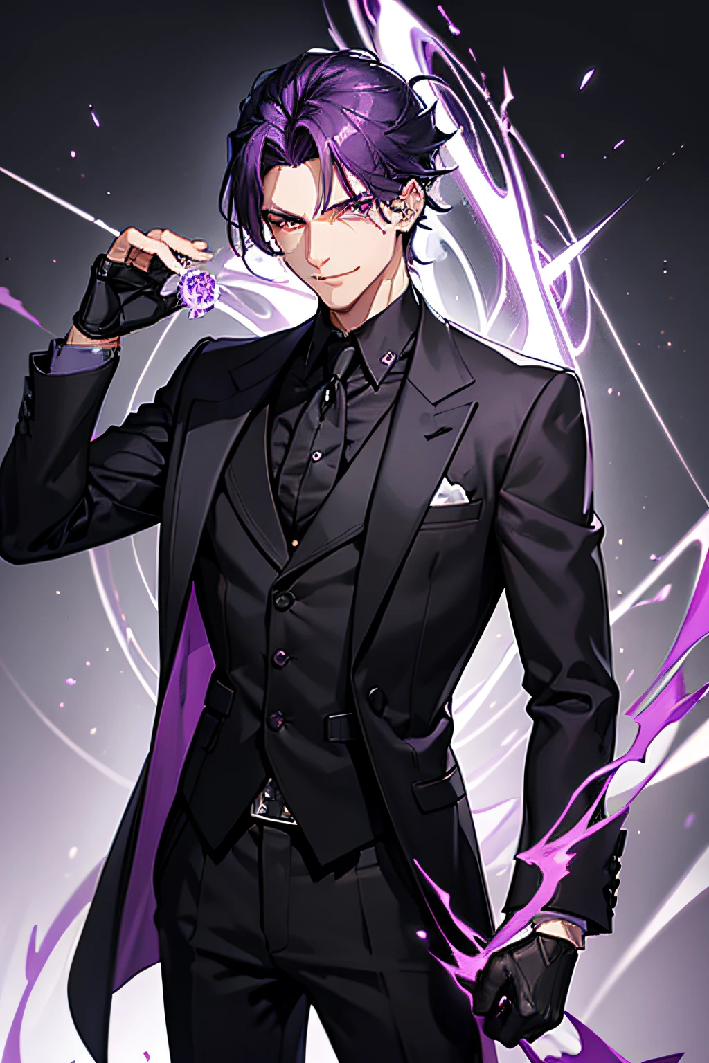male,purple hair,dark academia,formal,distinguished,cool,black jacket,dark magic,sinister,smiling,psychology,playful,smirking, purple eyes, clean shaven,hair combed back, vtuber, sharp demeanor, villain, evil, focused, glowing eyes, corrupt aura, kind