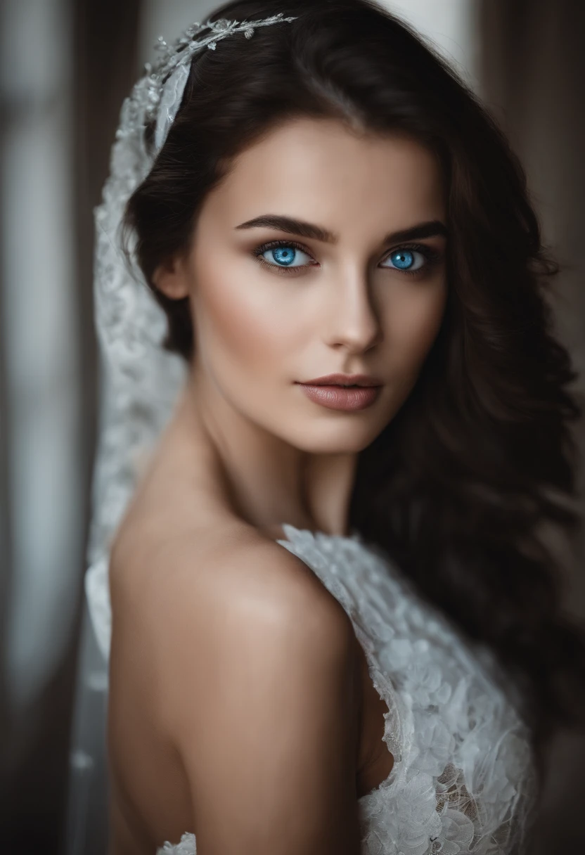 beutiful brunette girl with dark-blue eyes full-face photo white background