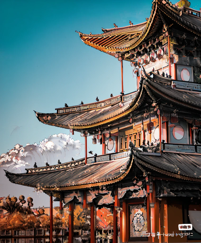 There is a tall building，There is a clock on it, Ancient Chinese architecture, Chinese architecture, Chinese style buildings, tibetan inspired architecture, Chinese palaces, chinese temple, with ancient chinese aesthetic, buddhist architecture, japanese temples, japanese temples, pagodas on hills, Temple background, Ancient Japanese architecture, Chinese landscape, Chinese tradition, digital painting of a pagoda