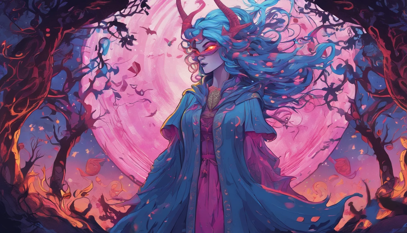(a blue-haired demon woman,spells:1.1,glowing:1.1)(illustration)(best quality,ultra-detailed,realistic:1.37),demonic witch(demonic:1.1)(magic:1.1)(forest)(dark and mysterious,ominous atmosphere),casting powerful spells,creating magical energy(magic:1.1),vibrant pink hair(swirling pink hair)(flowing pink hair),horns(devil horns:1.1),piercing red eyes,enchanted scepter(magical scepter),elaborate dark robe,glowing magical sigils,fiery embers swirling(magical embers:1.1)(glowing embers),magical aura(glowing aura),eerie shadows,otherworldly presence(presence),sinister smile,nightfall in the background(dark night:1.1)(moonlit forest),lush and dense foliage(twisted trees)(mystical plants:1.1),mystical particles(swirling particles)(floating particles),ethereal glow(ethereal:1.1)(soft glow),faint moonlight breaking through the trees,haunting and captivating(scary atmosphere),bewitching beauty,wide range of colors(vivid colors)(contrasting colors),mystical realm,impressive details,dynamic composition,mesmerizing artwork,photorealistic style(picasso style),impressive shading and lighting,explosive energy,magical atmosphere(fantasy atmosphere),dreamlike scene