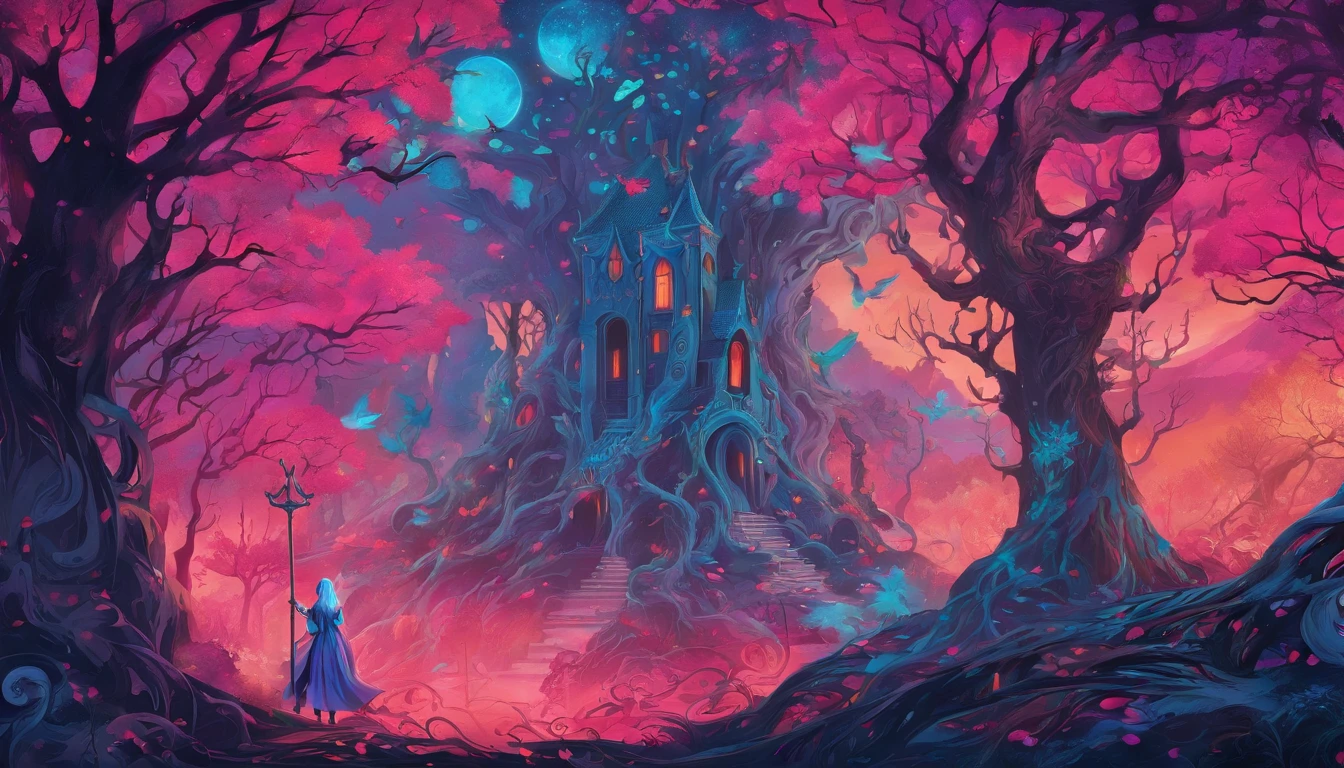 (a blue-haired demon woman,spells:1.1,glowing:1.1)(illustration)(best quality,ultra-detailed,realistic:1.37),demonic witch(demonic:1.1)(magic:1.1)(forest)(dark and mysterious,ominous atmosphere),casting powerful spells,creating magical energy(magic:1.1),vibrant pink hair(swirling pink hair)(flowing pink hair),horns(devil horns:1.1),piercing red eyes,enchanted scepter(magical scepter),elaborate dark robe,glowing magical sigils,fiery embers swirling(magical embers:1.1)(glowing embers),magical aura(glowing aura),eerie shadows,otherworldly presence(presence),sinister smile,nightfall in the background(dark night:1.1)(moonlit forest),lush and dense foliage(twisted trees)(mystical plants:1.1),mystical particles(swirling particles)(floating particles),ethereal glow(ethereal:1.1)(soft glow),faint moonlight breaking through the trees,haunting and captivating(scary atmosphere),bewitching beauty,wide range of colors(vivid colors)(contrasting colors),mystical realm,impressive details,dynamic composition,mesmerizing artwork,photorealistic style(picasso style),impressive shading and lighting,explosive energy,magical atmosphere(fantasy atmosphere),dreamlike scene