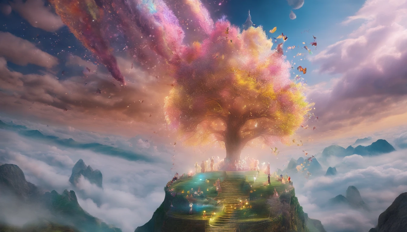 The Rapture ,Thousands of people are floating in the air,Standing on the clouds, Thousands of people are dressed in white, Raise your hands and sing hymns to praise God. The scenes are magnificent and surreal. (Best Quality, 4k, 8K, high resolucion, Masterpiece:1.2), Ultra-detailed, (realisitic, Photorealistic, Realistis:1.37), portrait of a, Vivid colors, studio lit, Sharp focus, physics based rendering, extreme detail description, Biblical Topics, grand ambience, radiant light.