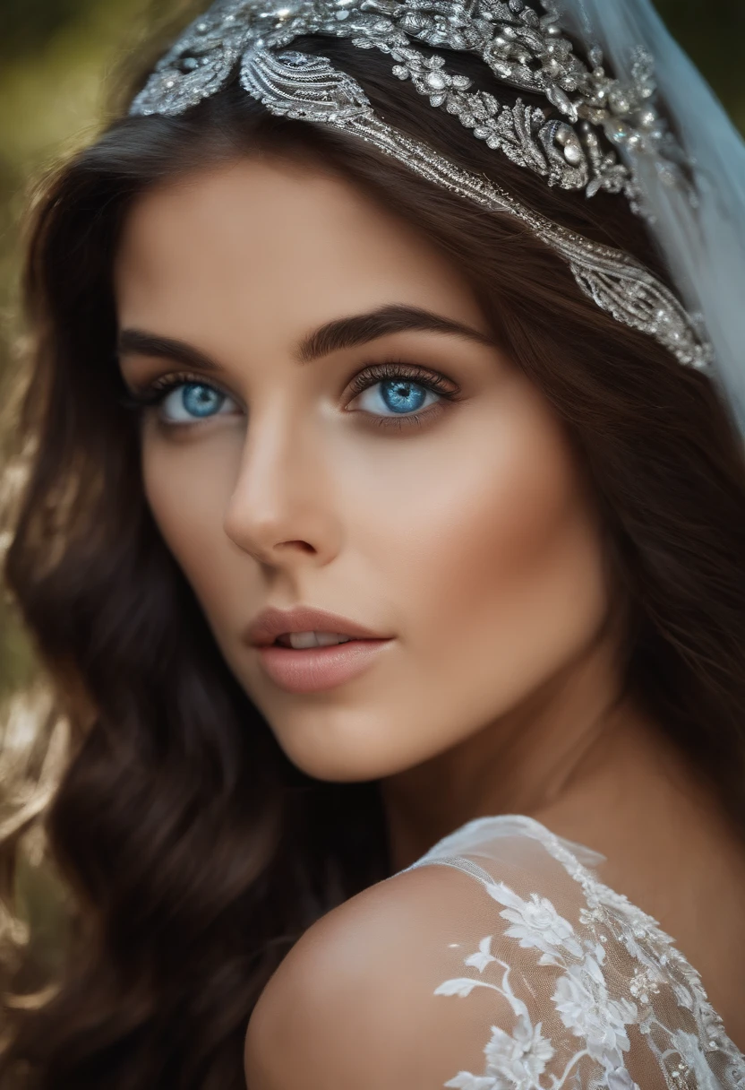 beutiful brunette girl with dark-blue eyes full-face portrait photo white background