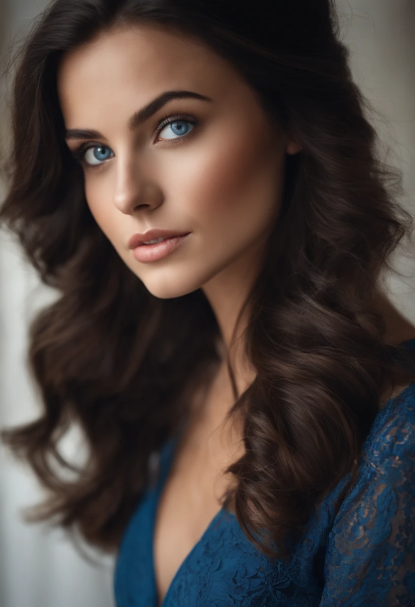 beutiful brunette girl with dark-blue eyes full-face portrait photo white background