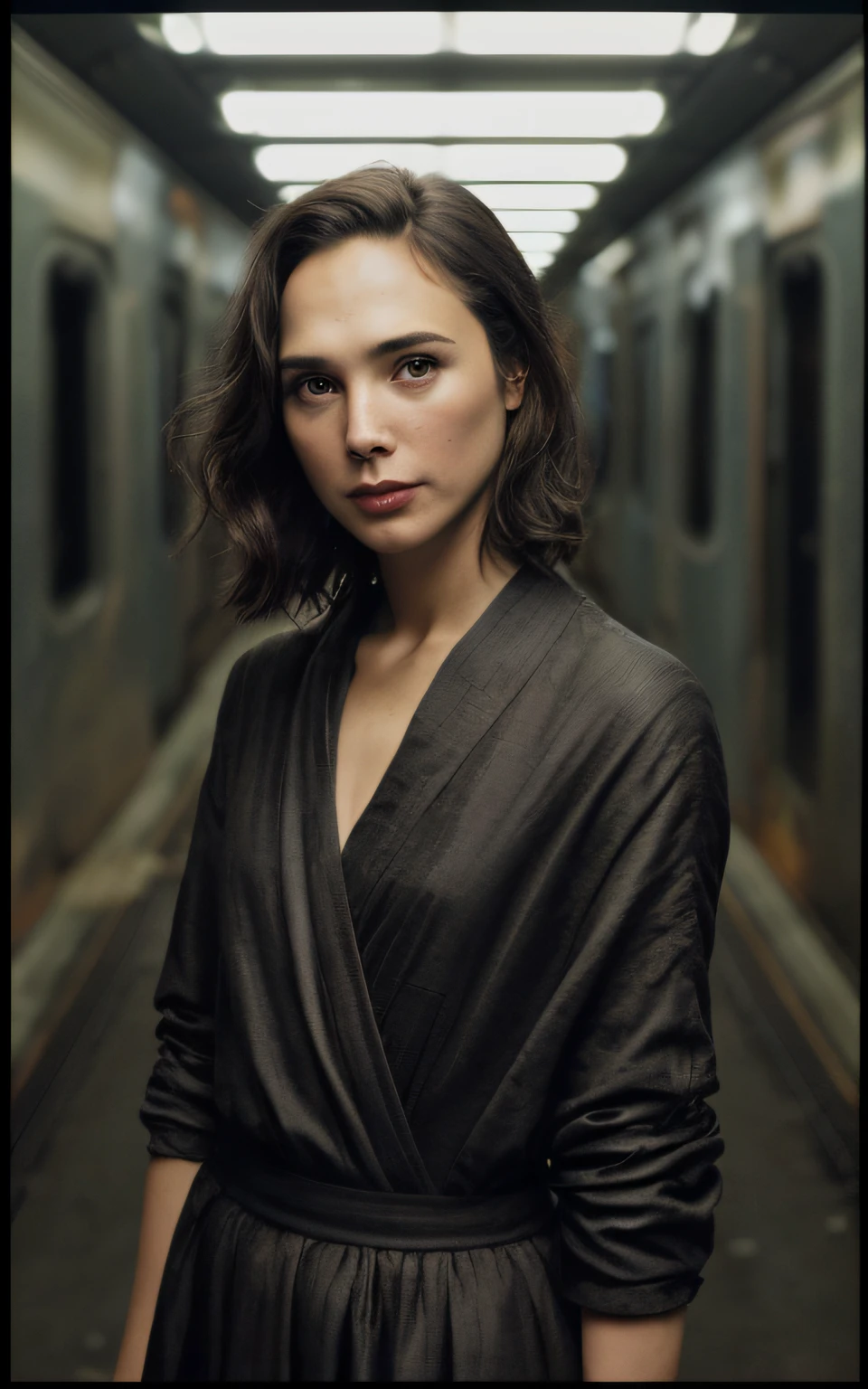 (Melhor Tiro, fotografia editorial de uma jovem de 30 anos gal gadot), (rosto altamente detalhado:1.4) (sorrir:0.7) (Fundo  tunel metro abandonado dentro do escuro, Moody, estudo privado:1.3),  Directed by: Lee Jeffries, Nikon D850 | | | | | | | | | | | | | | | | | | | | | | | | | | | | | | | | | | | | | | | | | | | | | | | | | | | | | | | | | | | | | | | | | | |, Fotografia Stock Film, 4 Kodak Portra 400 ,camera f1.6 lentes, cores ricas, hyper realistic, Textura realista, dramatic lighting, Cinestill 800  vestido branco longo manga comprida  cabelo preto curto ombro-comprimento, sérdas, (sardas:].4), pale skinned,